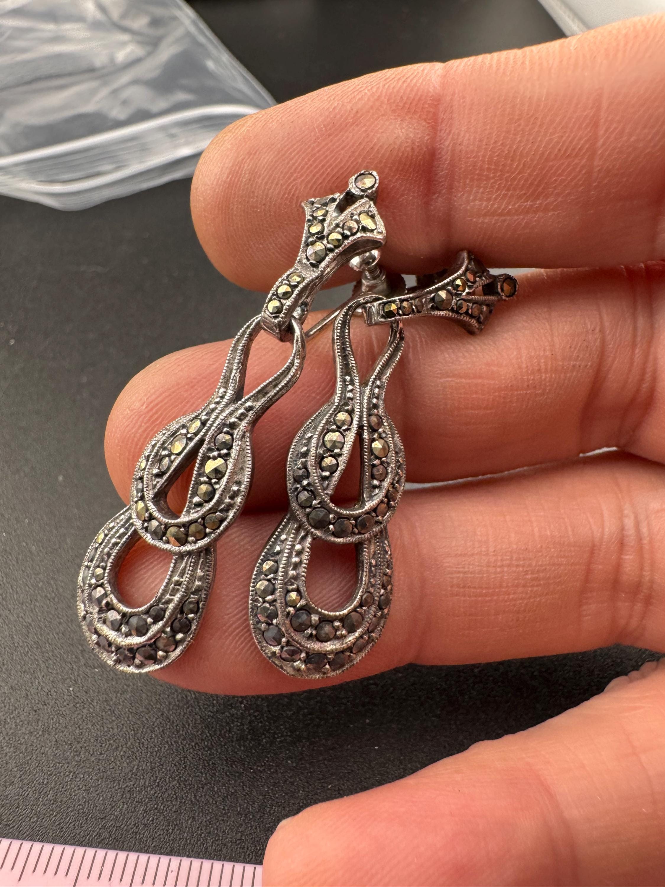 Antique Vintage Sterling 925 Silver Art Deco Marcasite Drop Clip on screw back Earrings