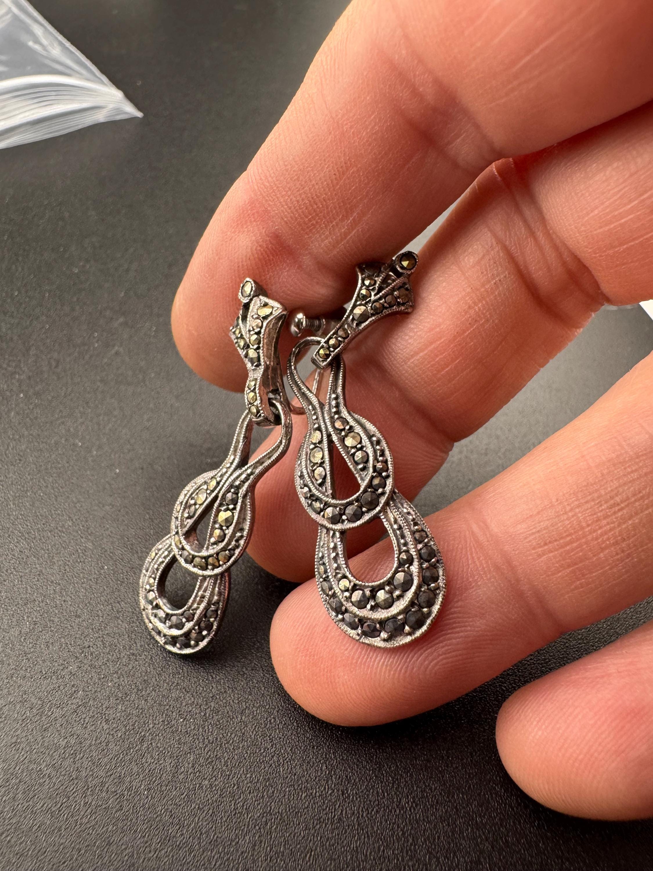 Antique Vintage Sterling 925 Silver Art Deco Marcasite Drop Clip on screw back Earrings