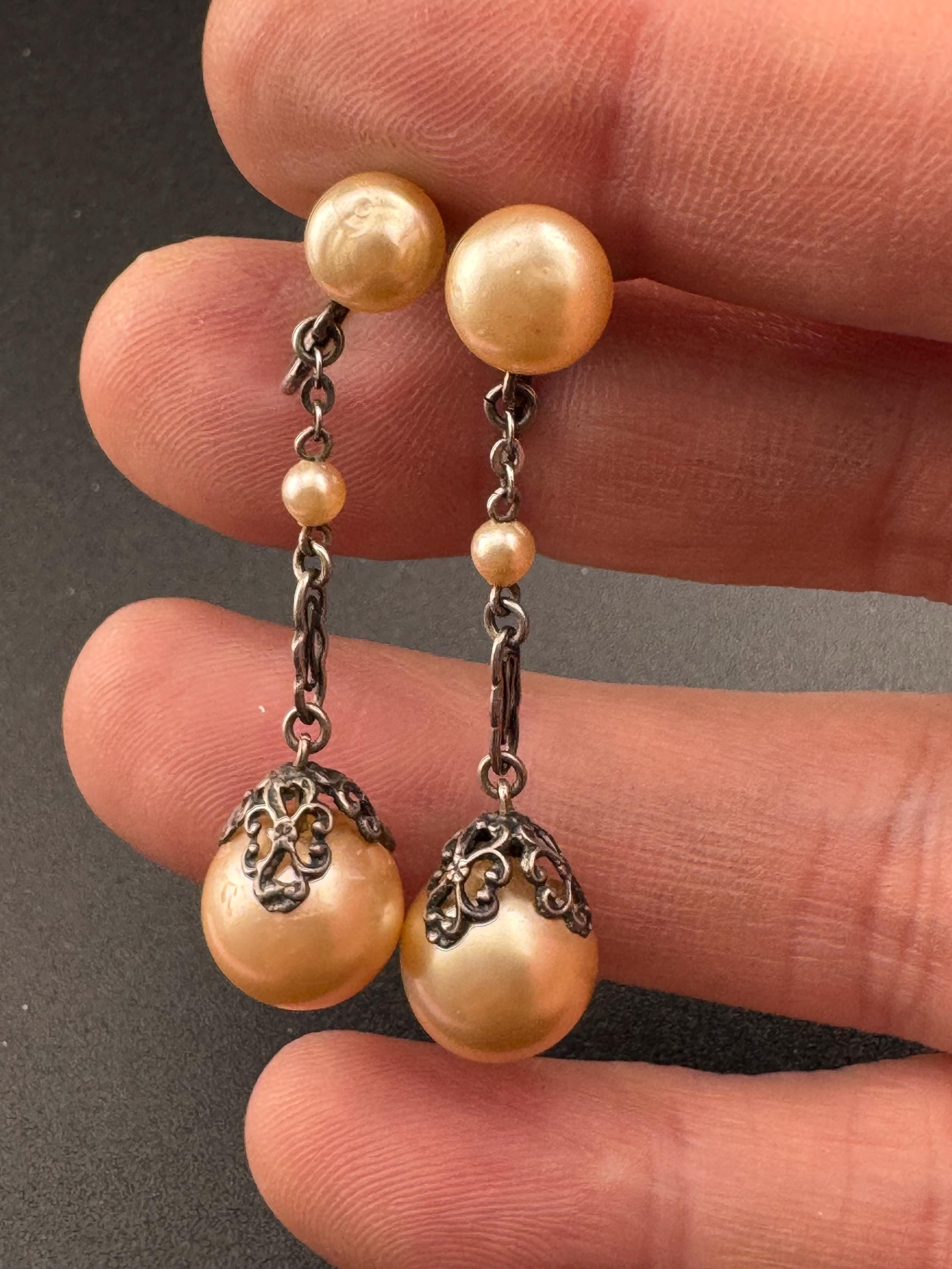 French Antique Art Deco Faux Pearl Sterling Silver Drop Earrings