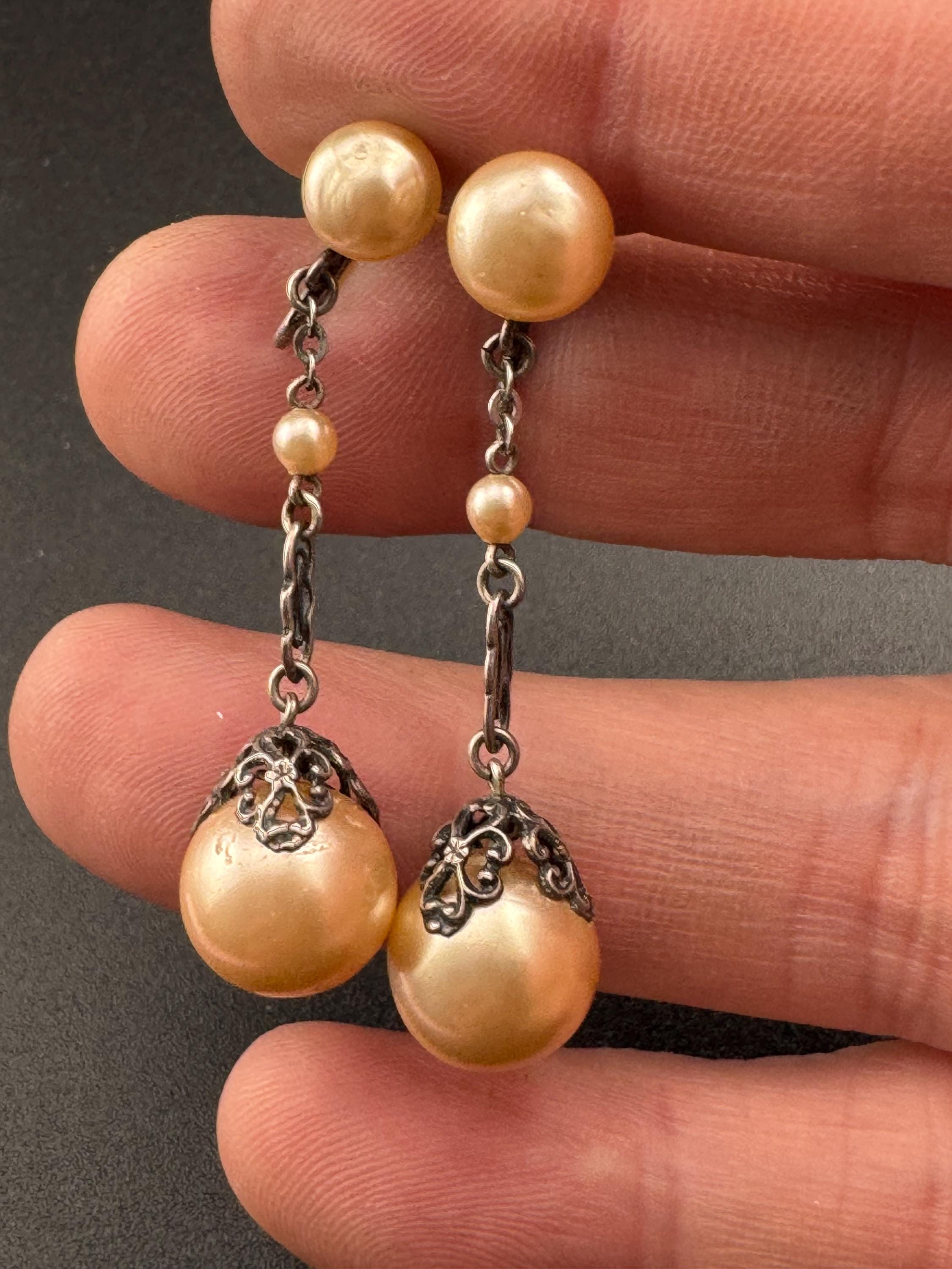 French Antique Art Deco Faux Pearl Sterling Silver Drop Earrings