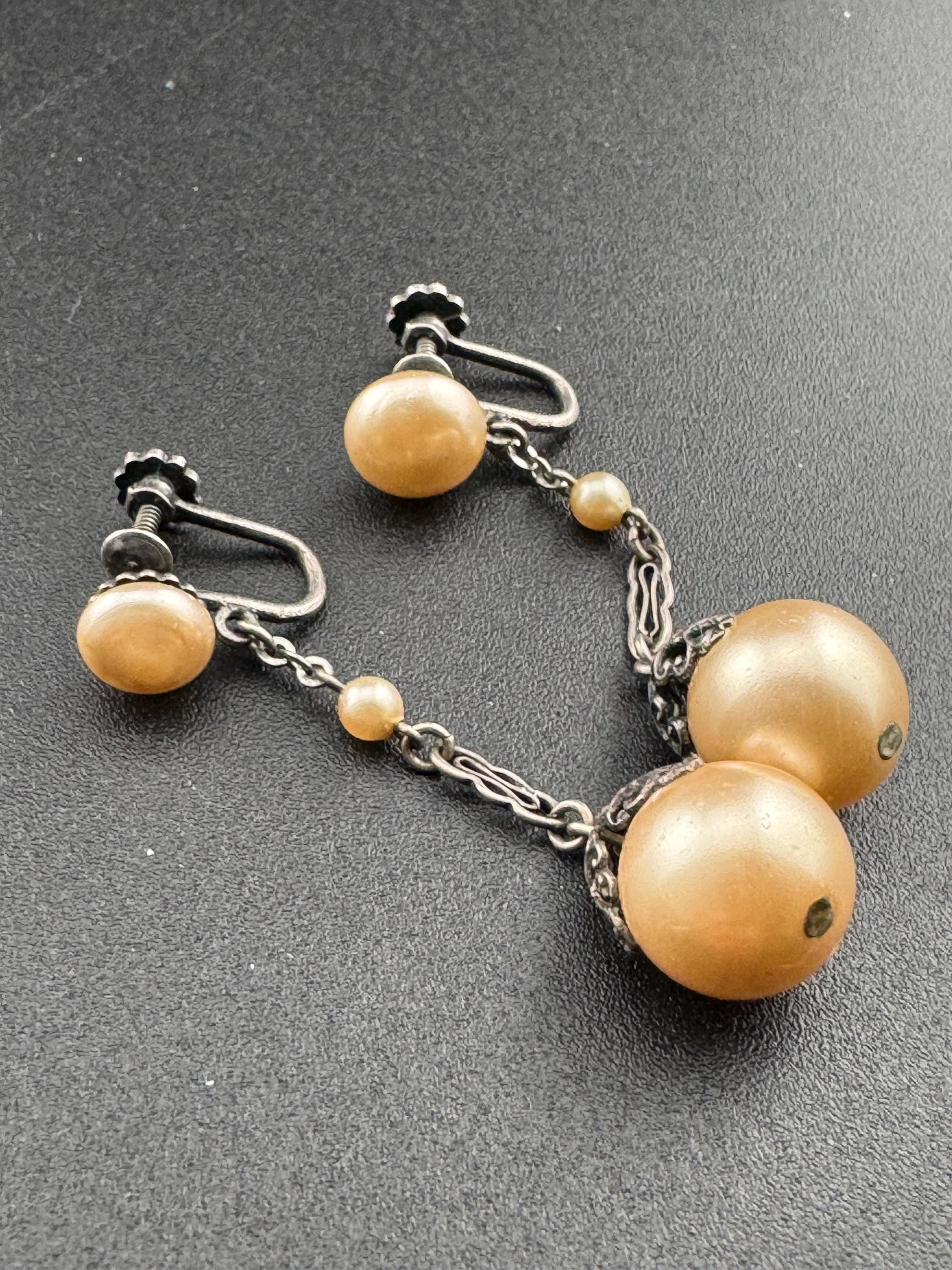 French Antique Art Deco Faux Pearl Sterling Silver Drop Earrings