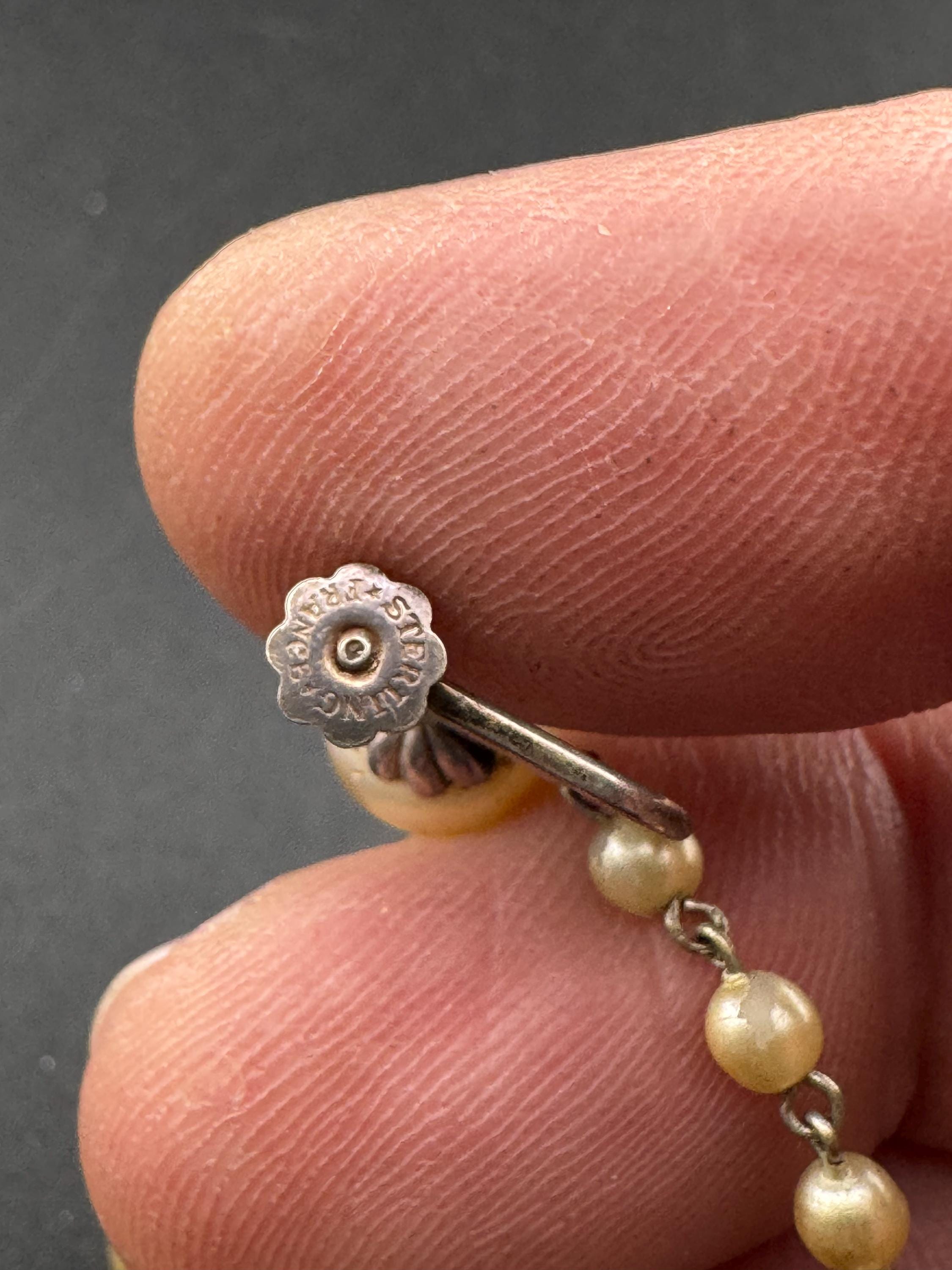 French Antique Vintage Sterling 925 Silver Art Deco faux pearl long Drop Clip on screw back Earrings, Bridal Wedding Party Prom