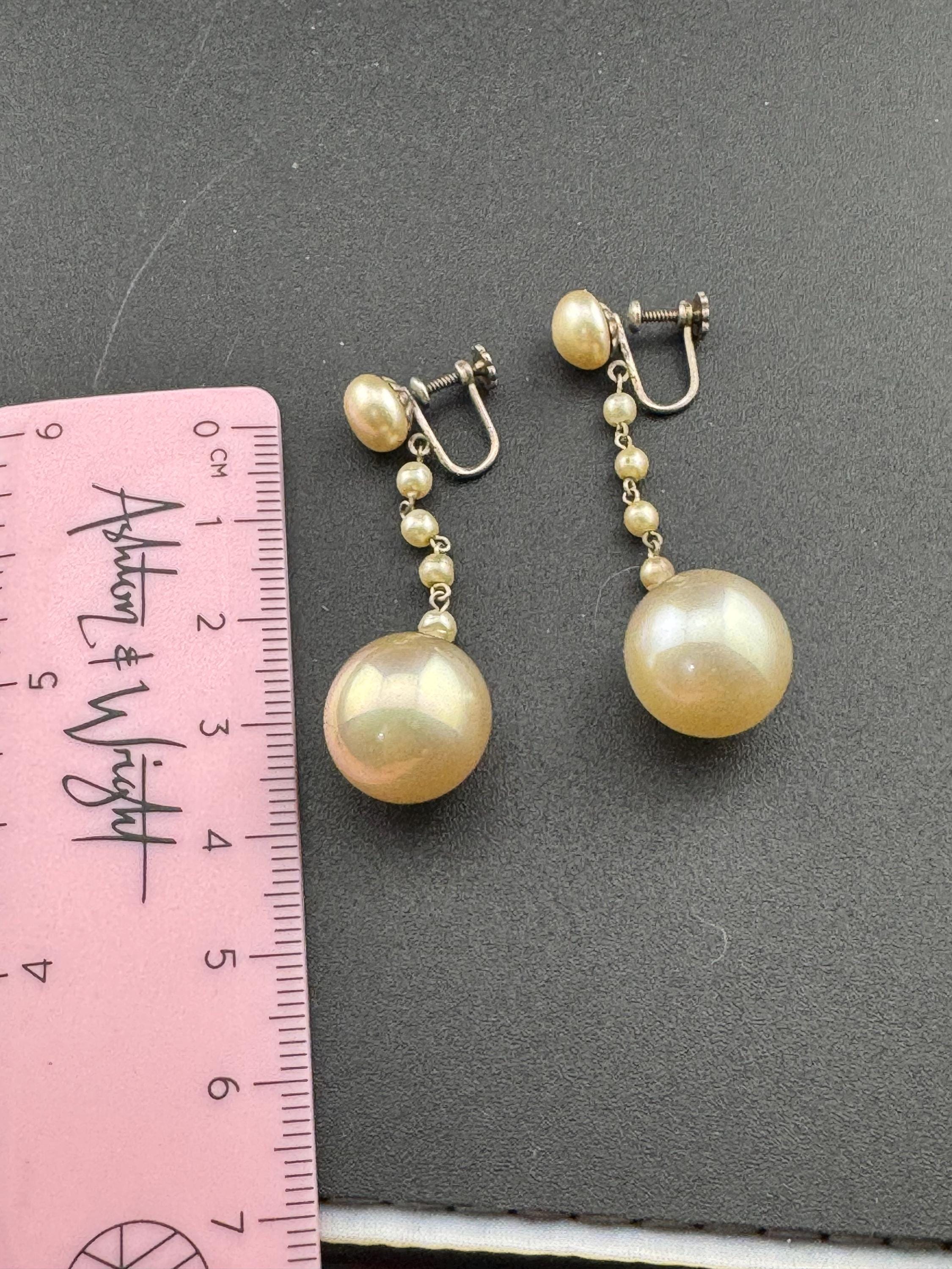 French Antique Vintage Sterling 925 Silver Art Deco faux pearl long Drop Clip on screw back Earrings, Bridal Wedding Party Prom