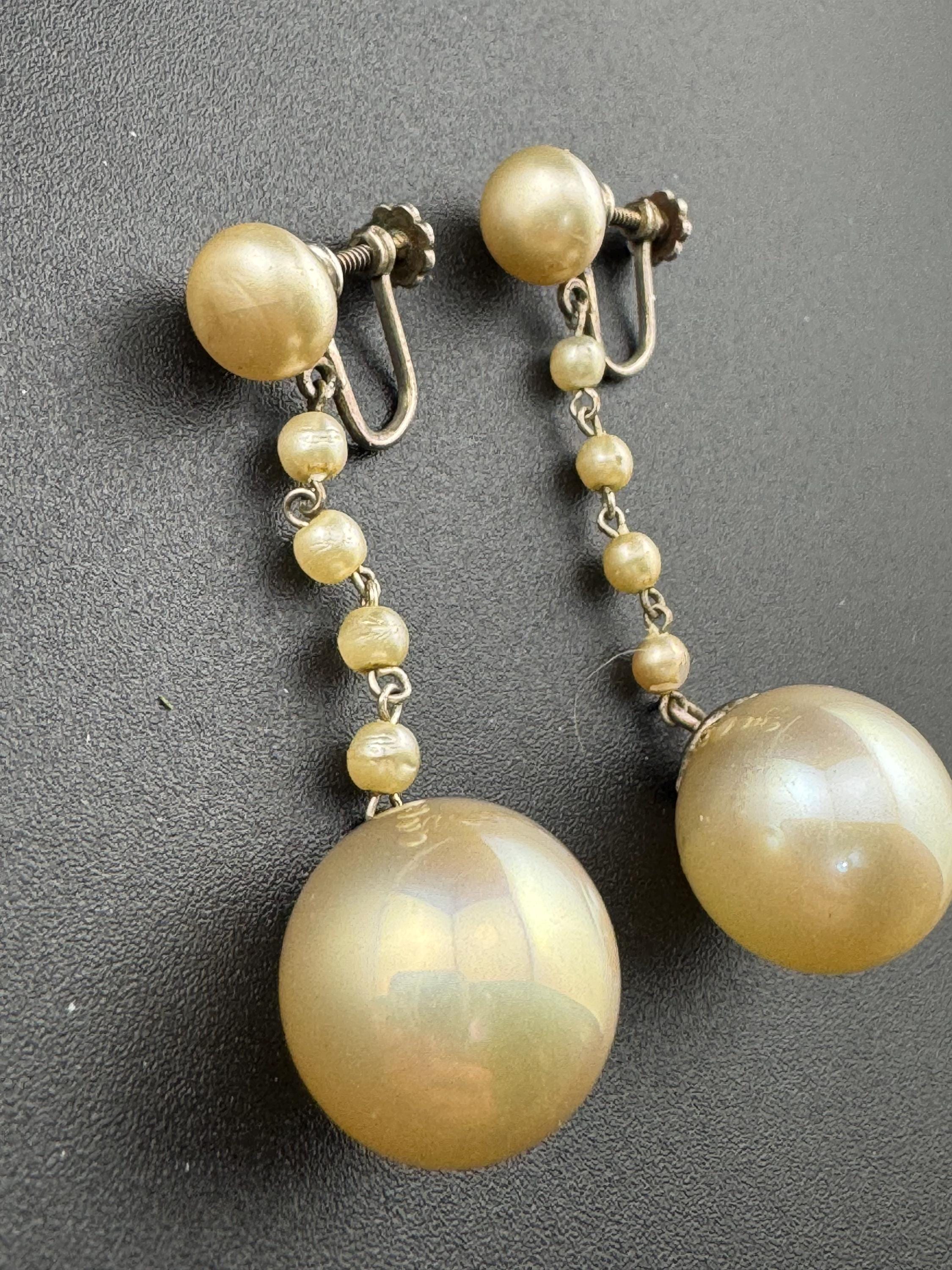 French Antique Vintage Sterling 925 Silver Art Deco faux pearl long Drop Clip on screw back Earrings, Bridal Wedding Party Prom