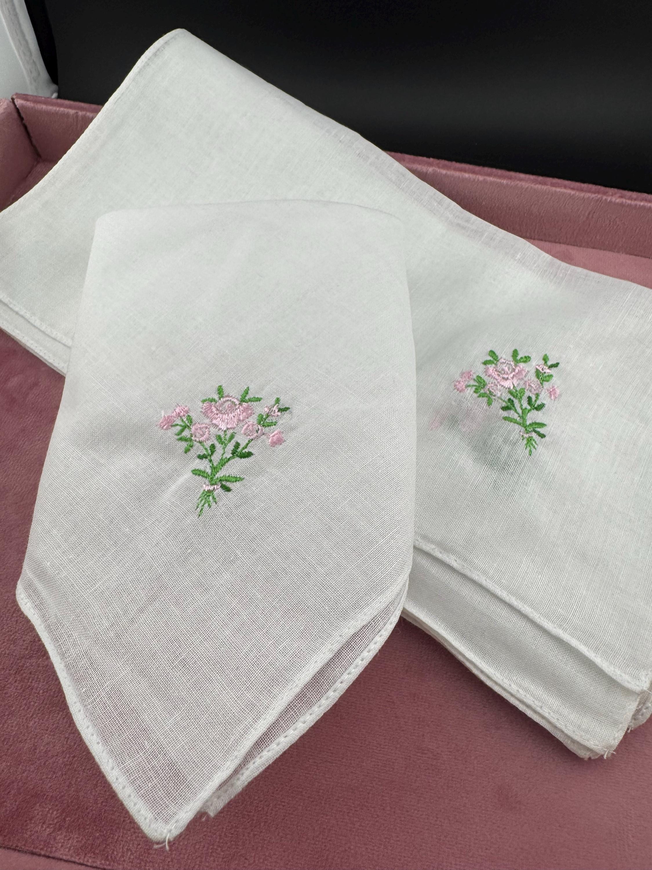 Floral Embroidered Cotton Handkerchiefs - Set of 12 Vintage Hankies