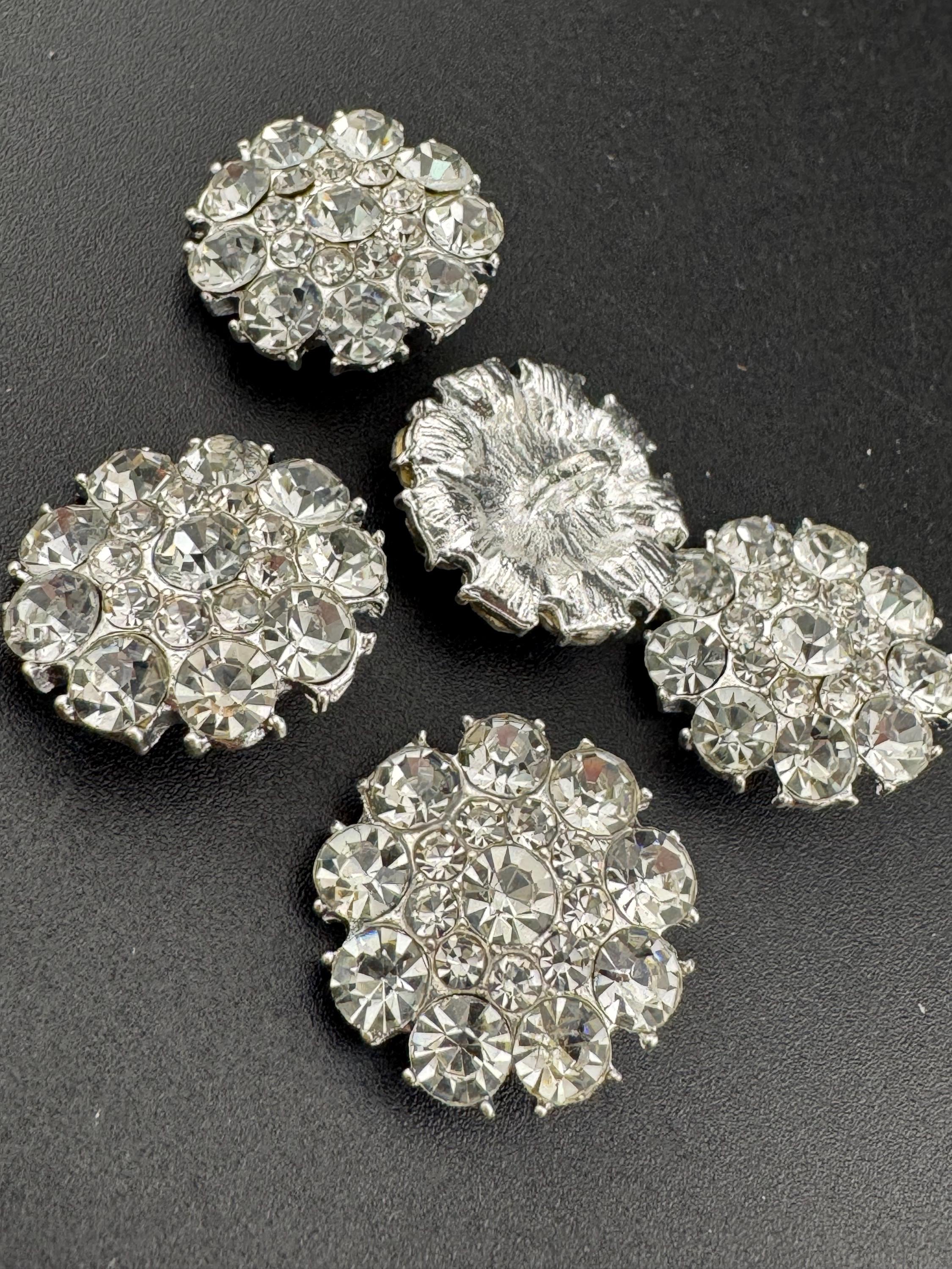 20mm Set of 5 round clear diamanté rhinestone low domed buttons silver tone