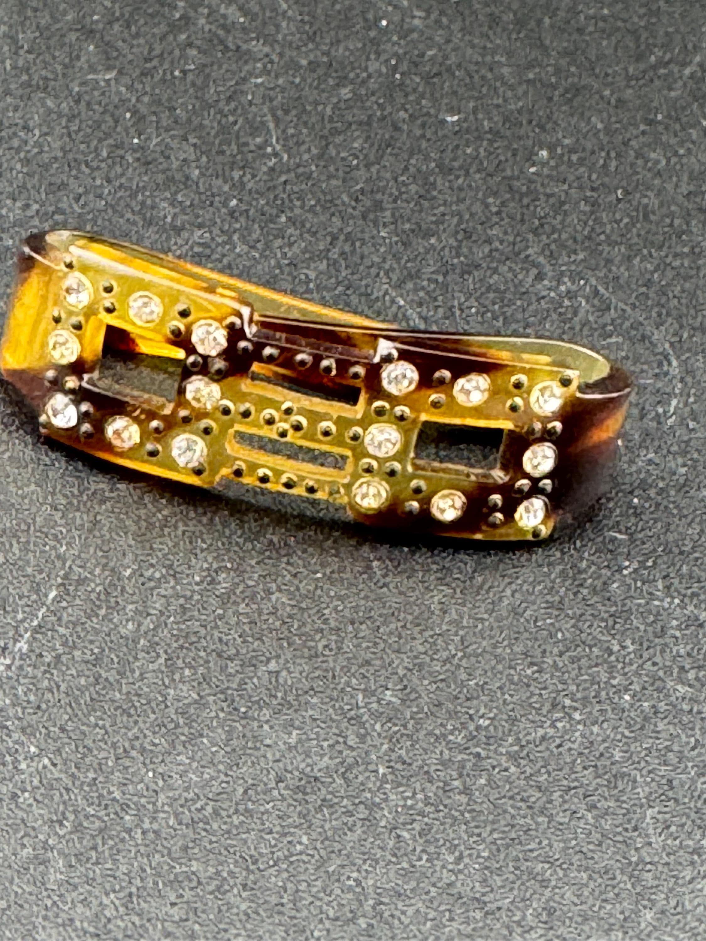 Art Deco Celluloid Early Plastic brown faux tortoiseshell Scarf Ring clear diamanté Bakelite pique work 1920s 1930s antique