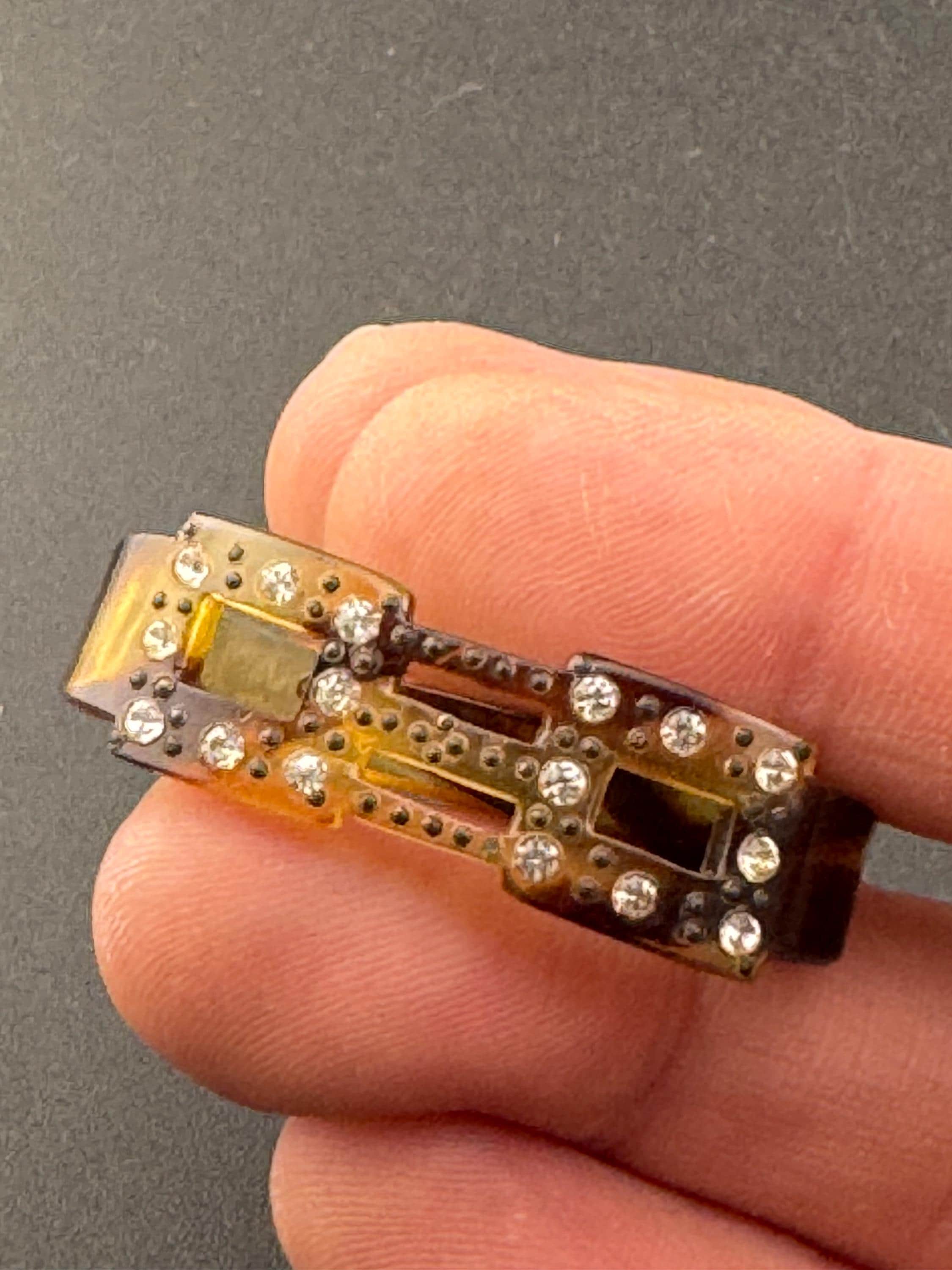 Art Deco Celluloid Scarf Ring: Faux Tortoiseshell Diamanté, 1920s-30s