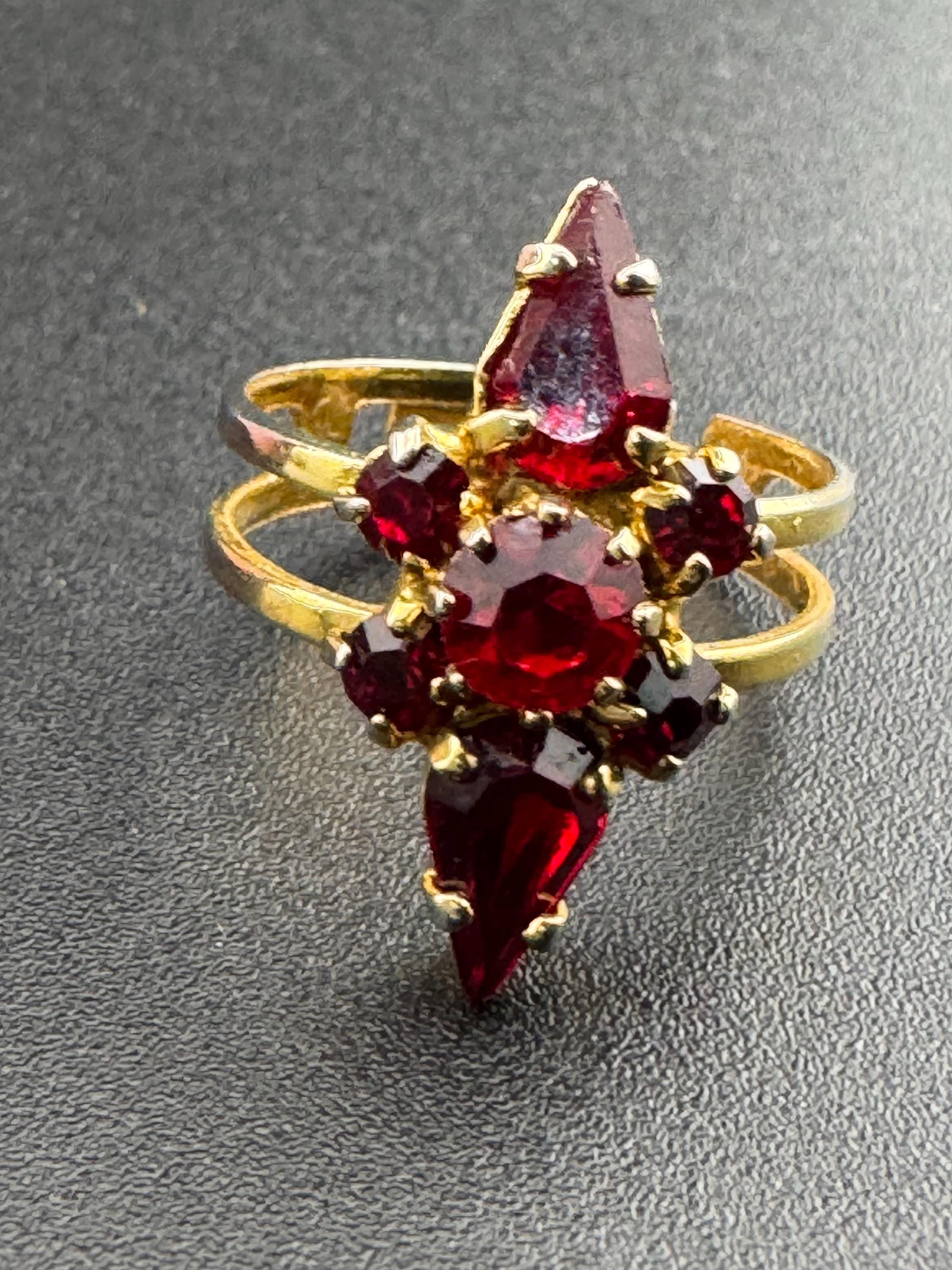 Ruby Red Gold Cluster Ring - Adjustable, Vintage 1970s