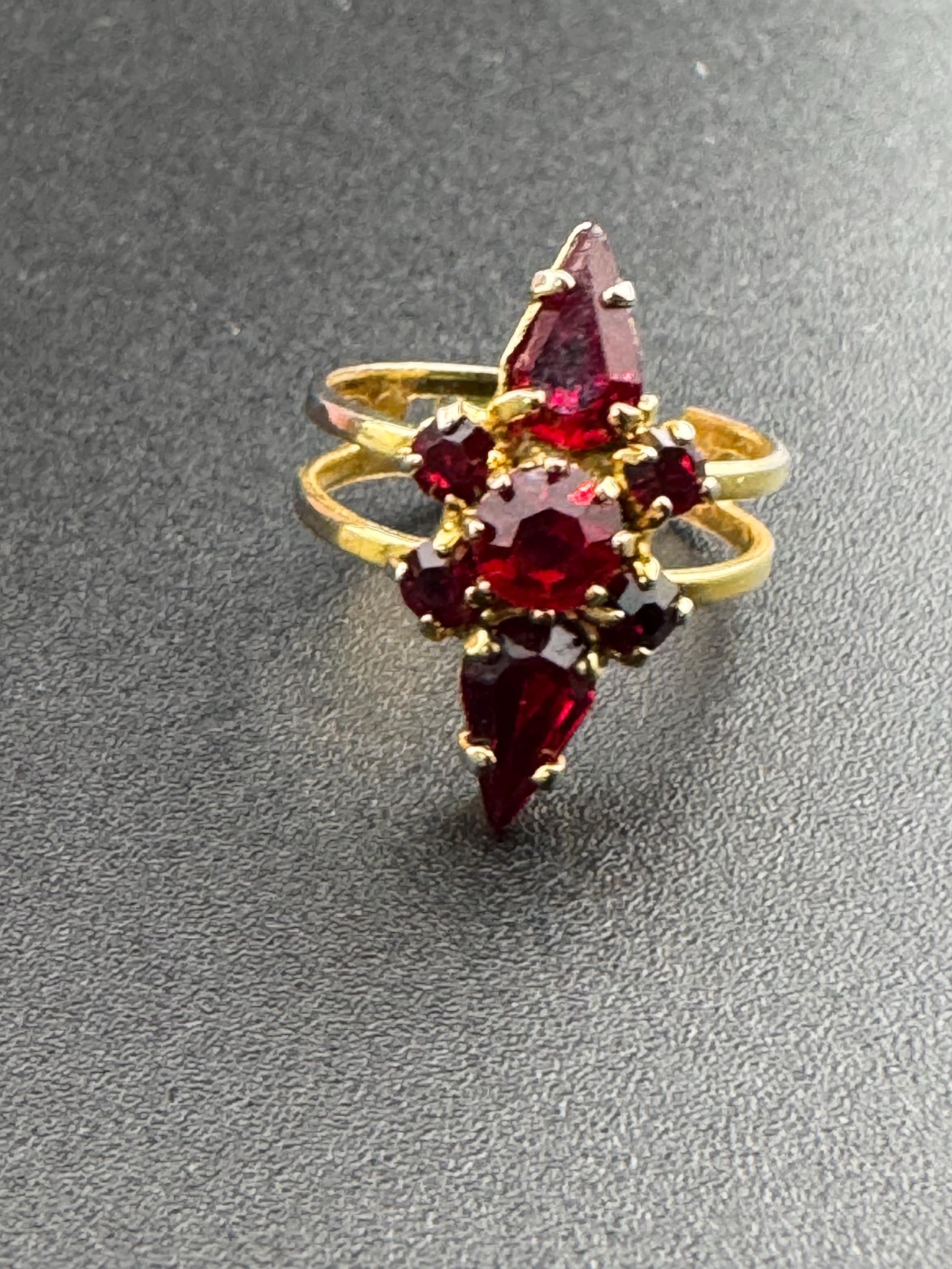 Ruby Red Gold Cluster Ring - Adjustable, Vintage 1970s