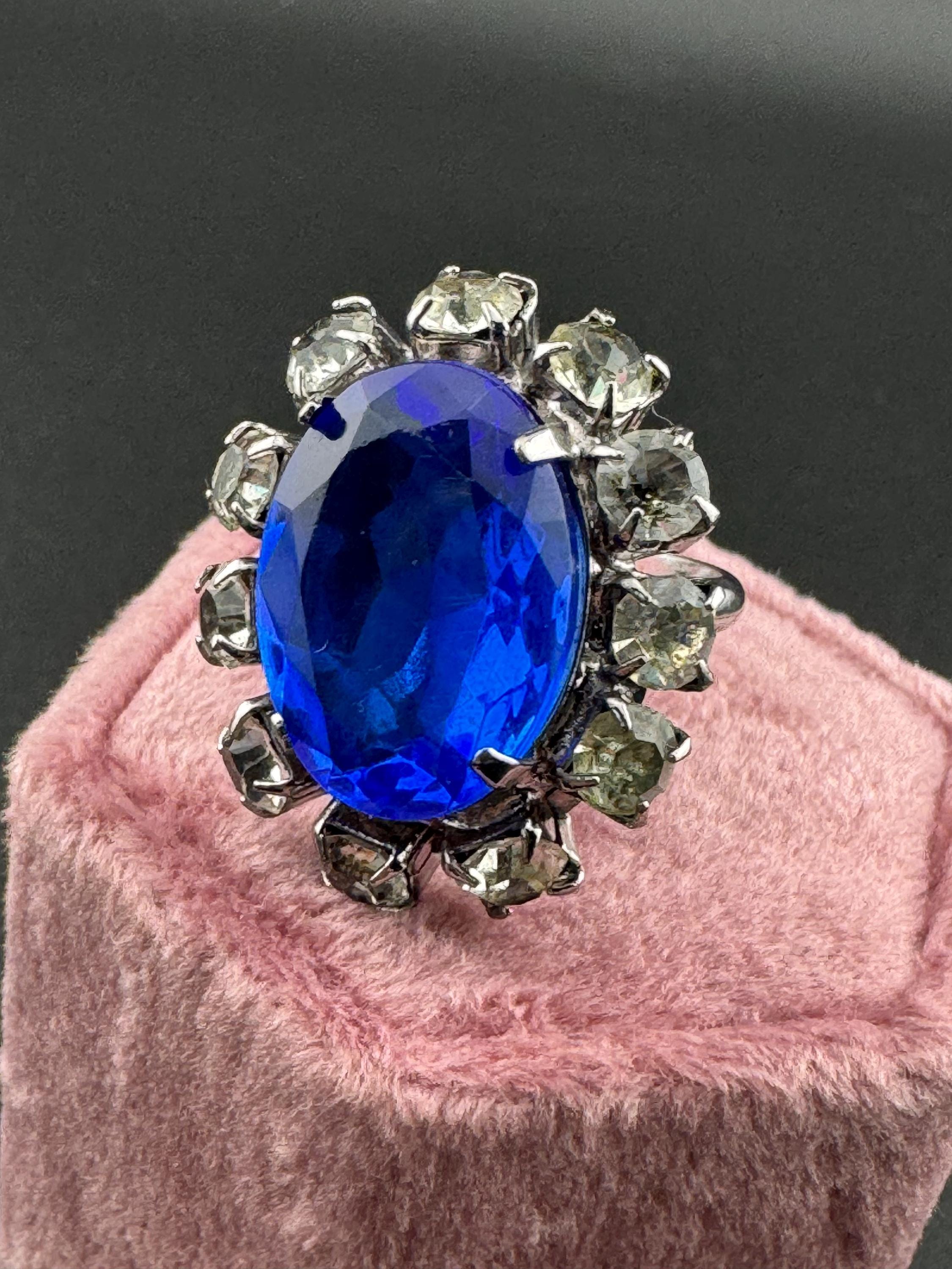 silver tone bright sapphire blue diamanté glass cluster adjustable cocktail dress ring