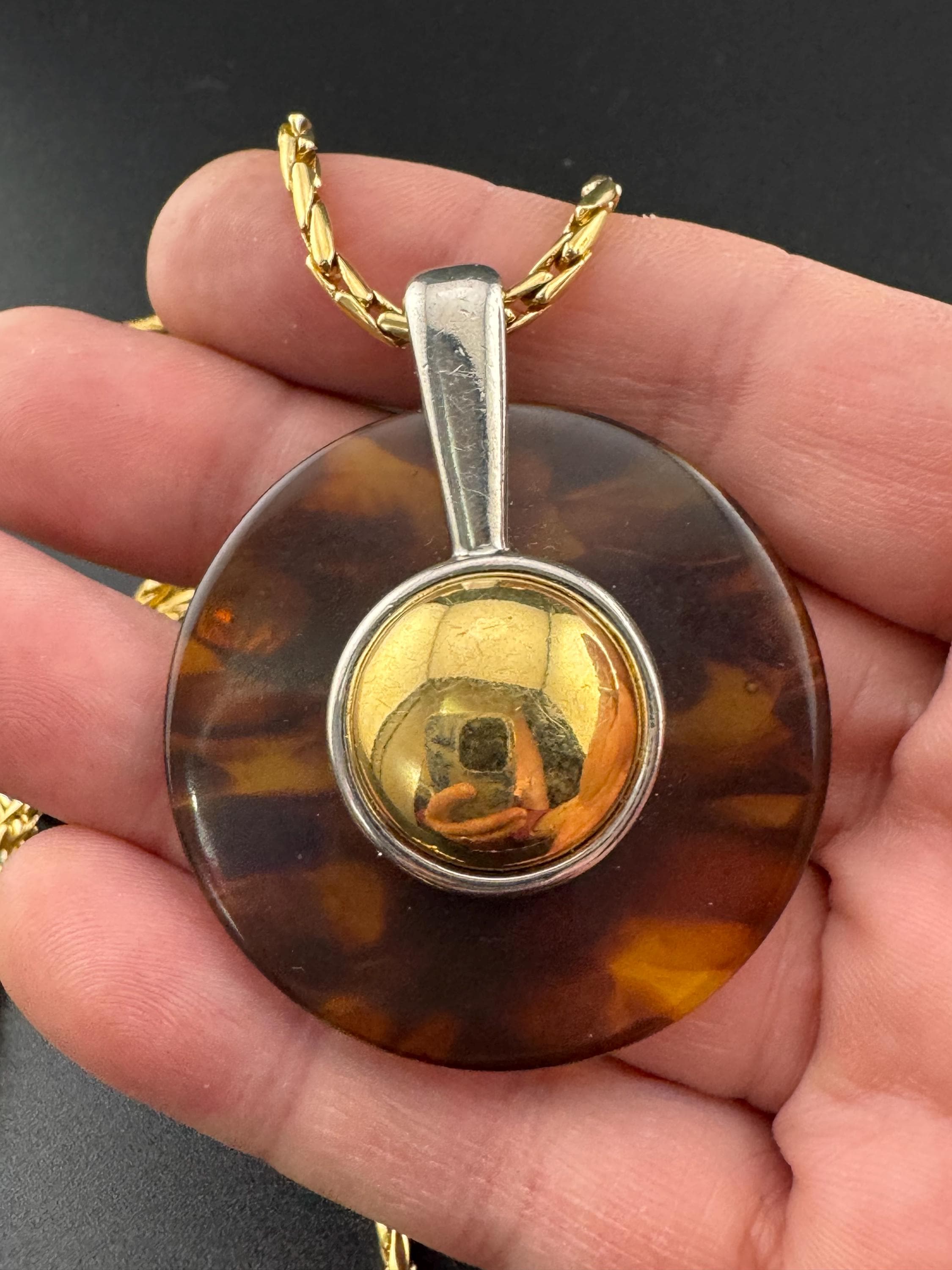 Signed David Grau Vintage Gold Plated Necklace: Faux Tortoiseshell Pendant, 80cm Chain