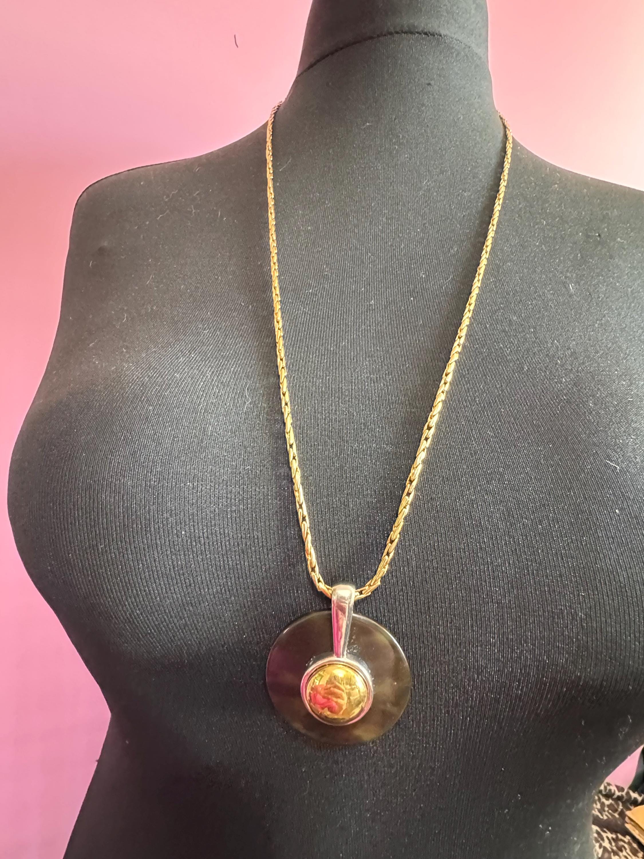 Signed David Grau Vintage Gold Plated Necklace: Faux Tortoiseshell Pendant, 80cm Chain