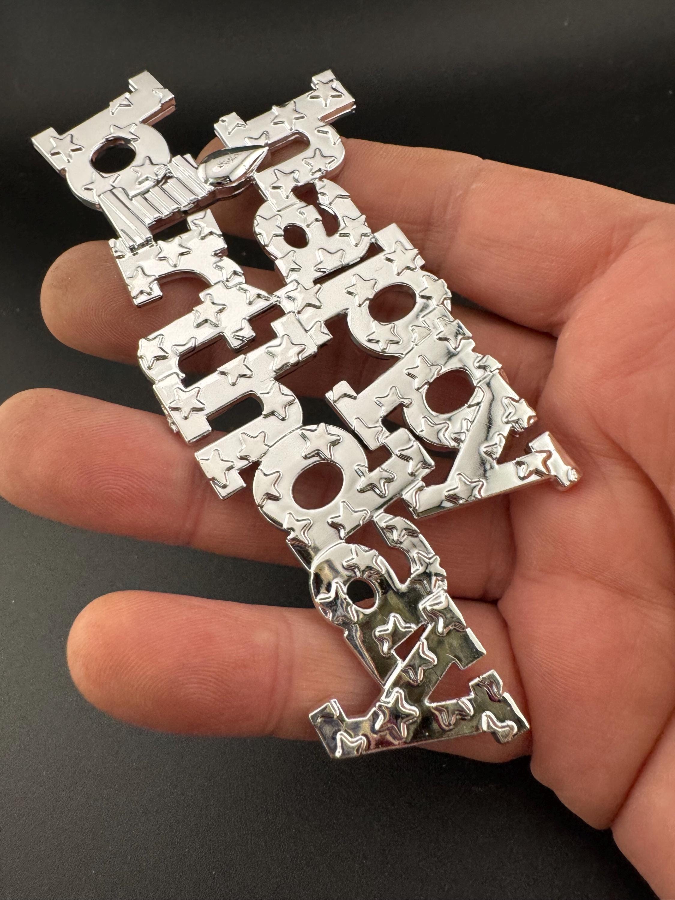 Vintage Happy Birthday Cake Decoration Silver Topper flat back stars celebration cake