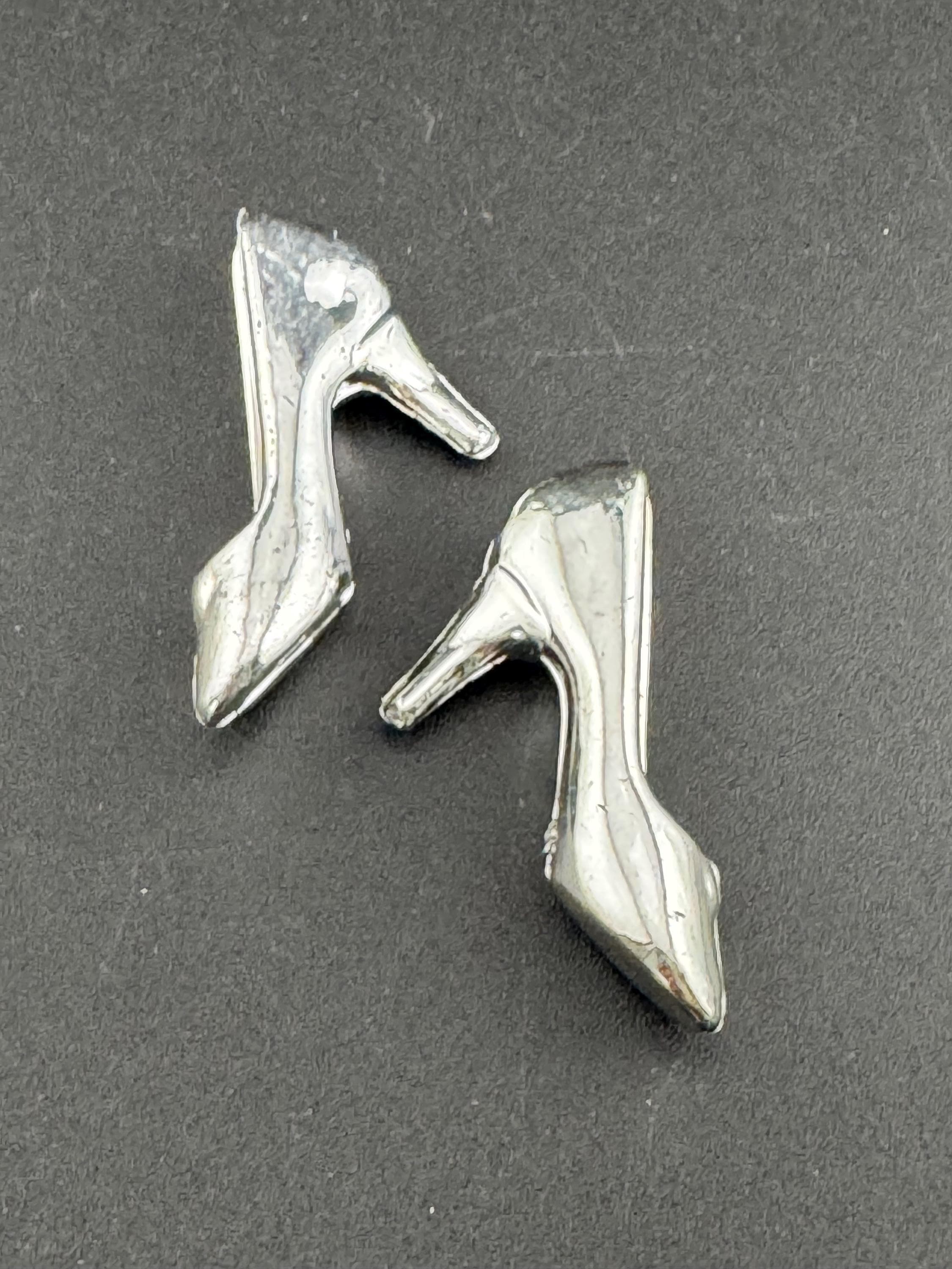 Vintage 1960s pair of silver stiletto heel shoes plastic Cake topper decoration 18th 21st Birthday Bridal Wedding Cake old shop stock