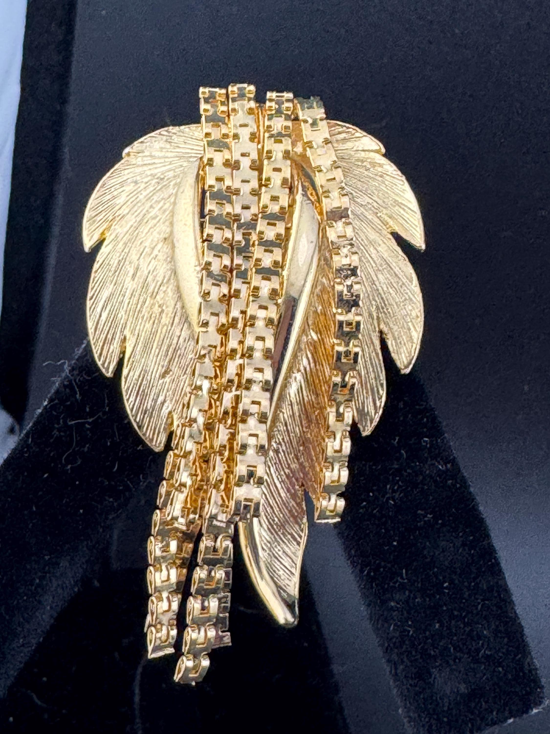 vintage gold leaf tassel brooch, 1970s modernist