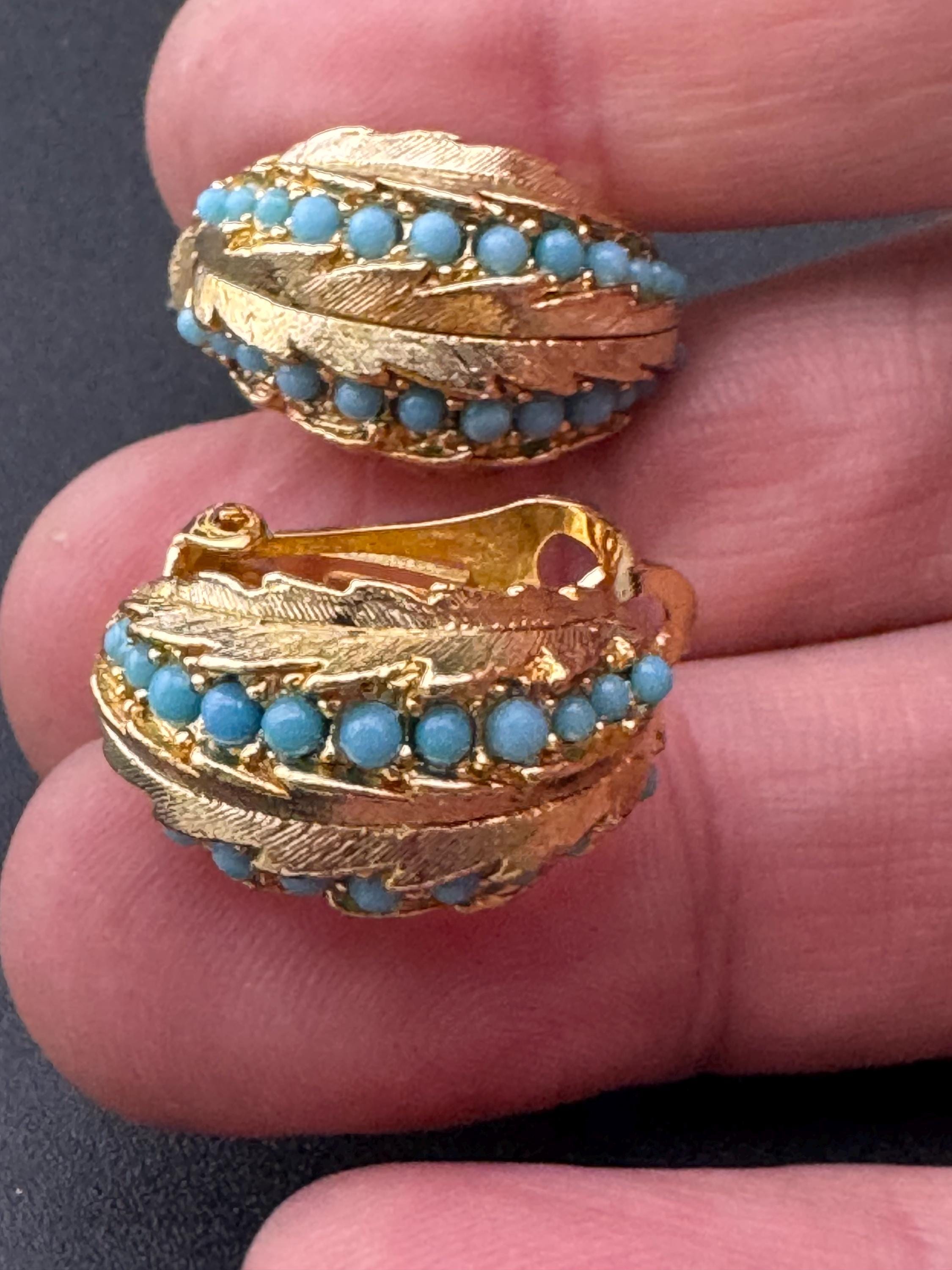 1960s Turquoise gold leaf clip on earrings vintage