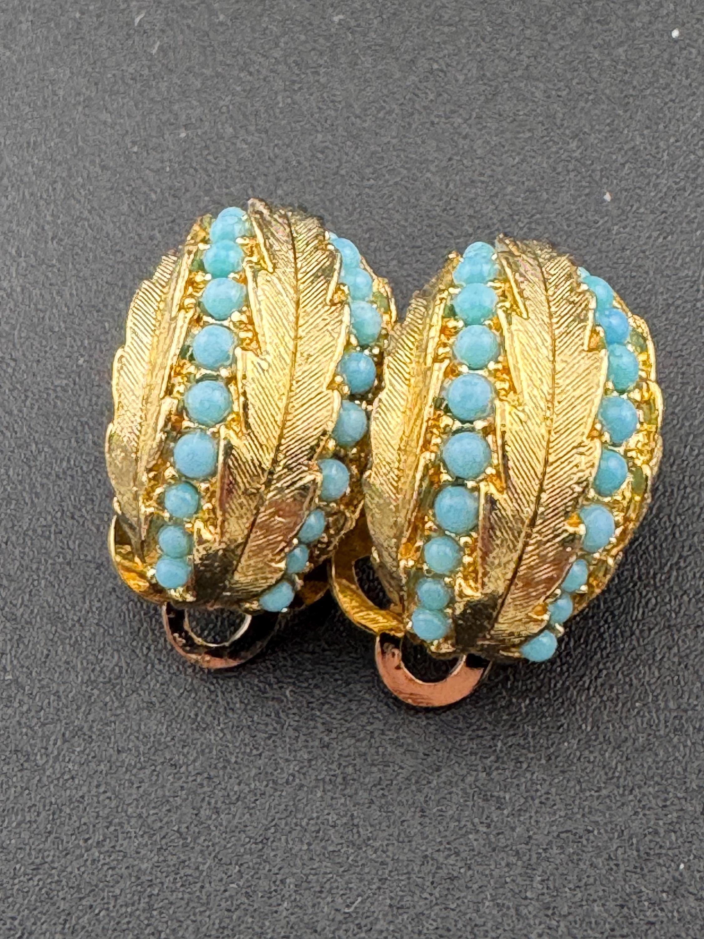 1960s Turquoise gold leaf clip on earrings vintage