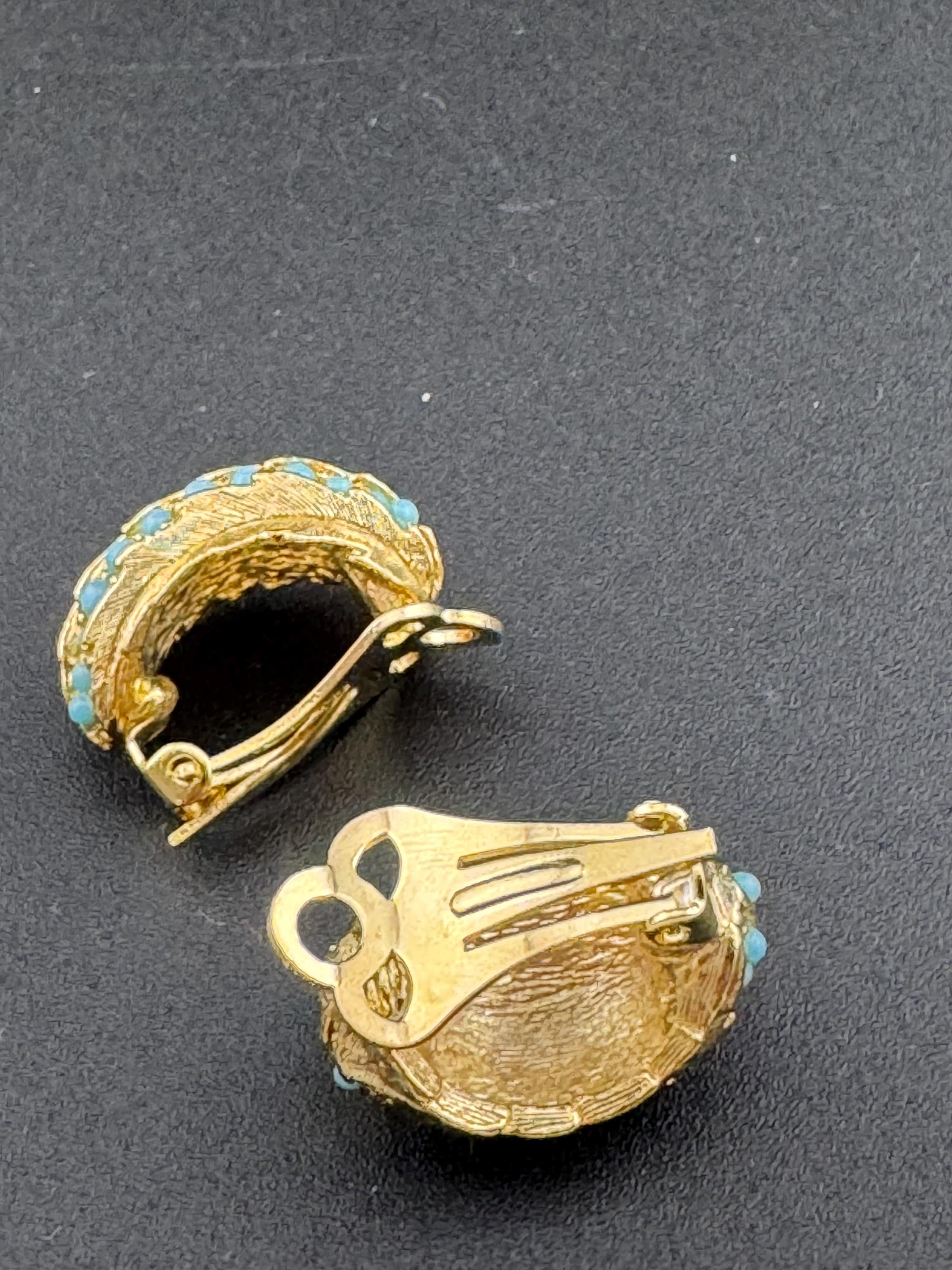 1960s Turquoise gold leaf clip on earrings vintage