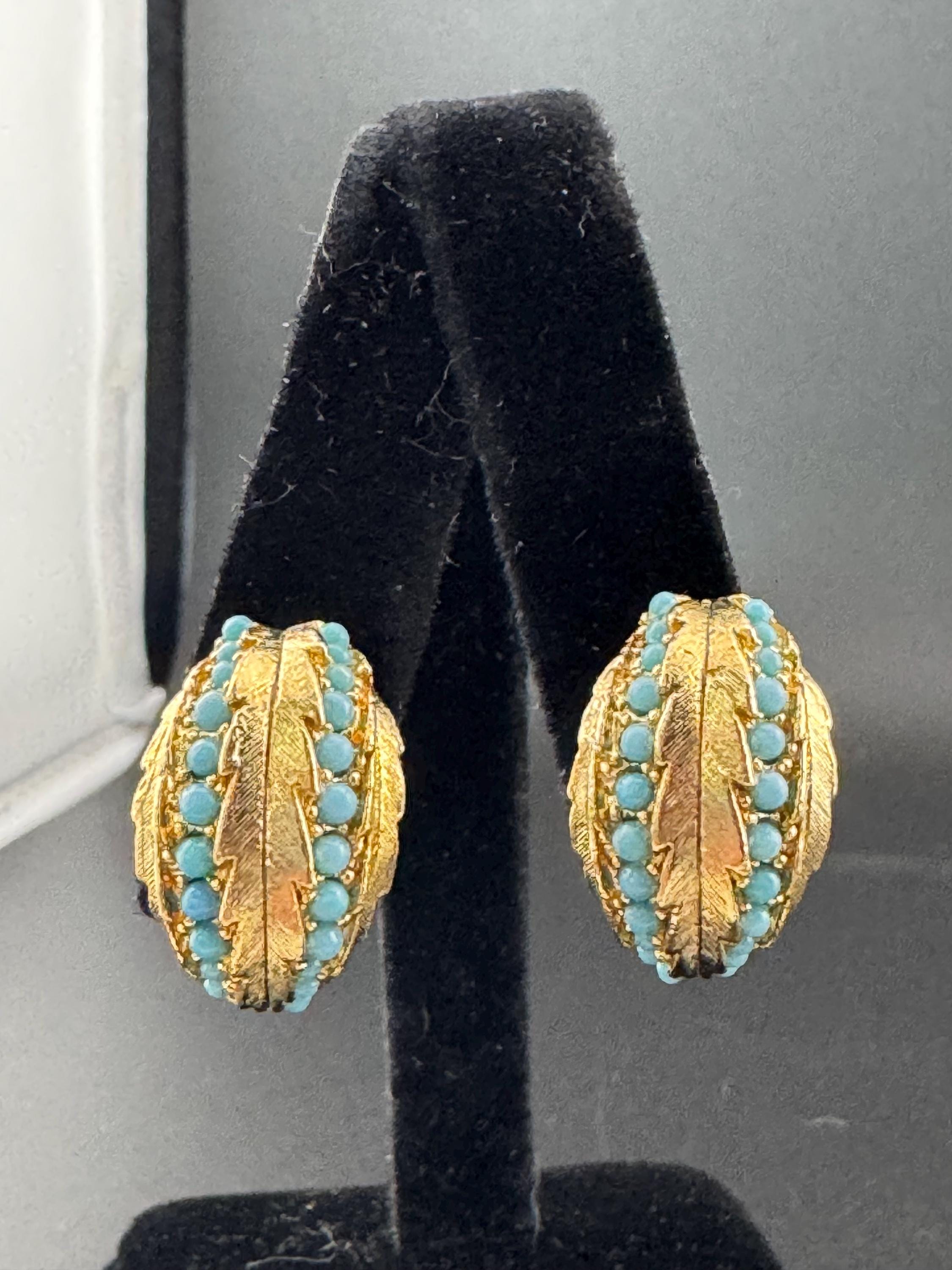 1960s Turquoise gold leaf clip on earrings vintage