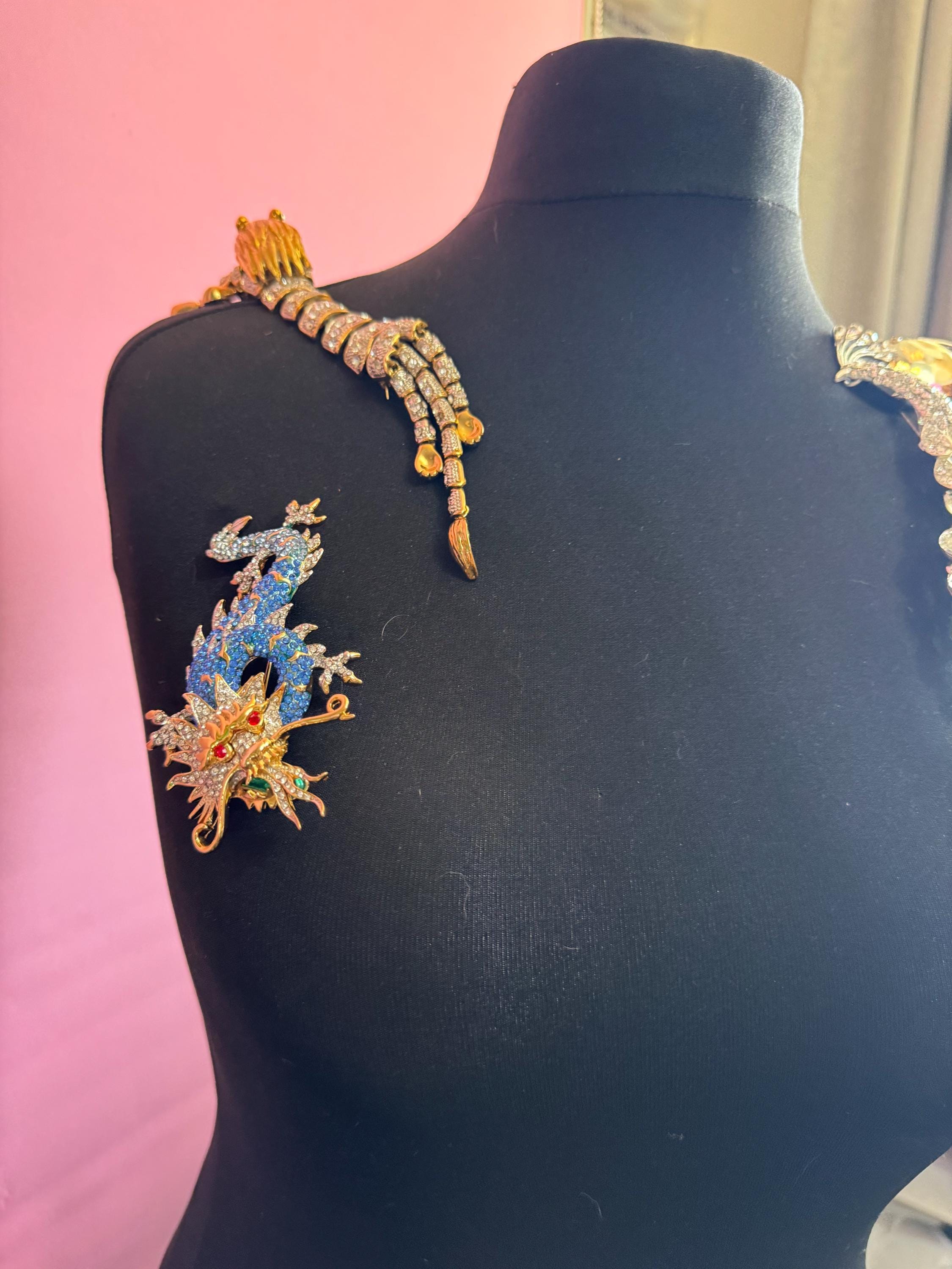 10cm Signed Butler and Wilson gold tone Blue Crystal enamel dragon brooch with clear diamanté. Heavy plating and beautiful quality