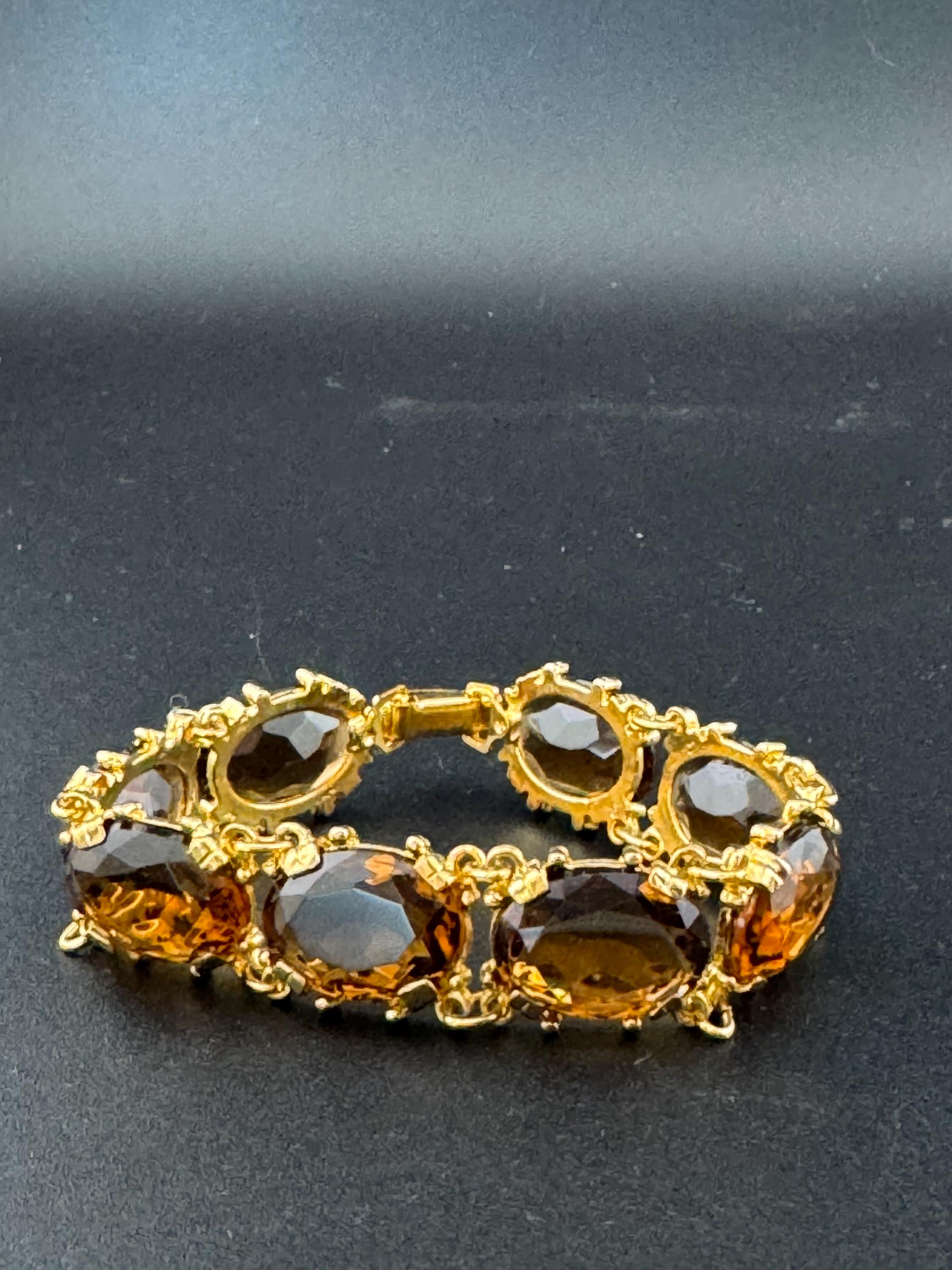 vintage topaz brown cognac Glass Gold Tone cocktail bracelet, vintage old shop stock