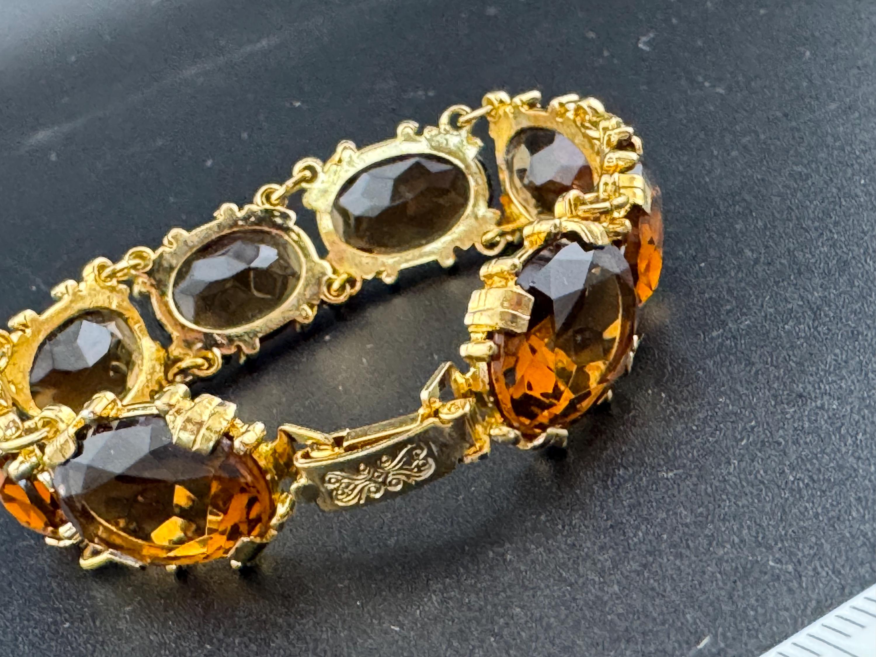 vintage topaz brown cognac Glass Gold Tone cocktail bracelet, vintage old shop stock
