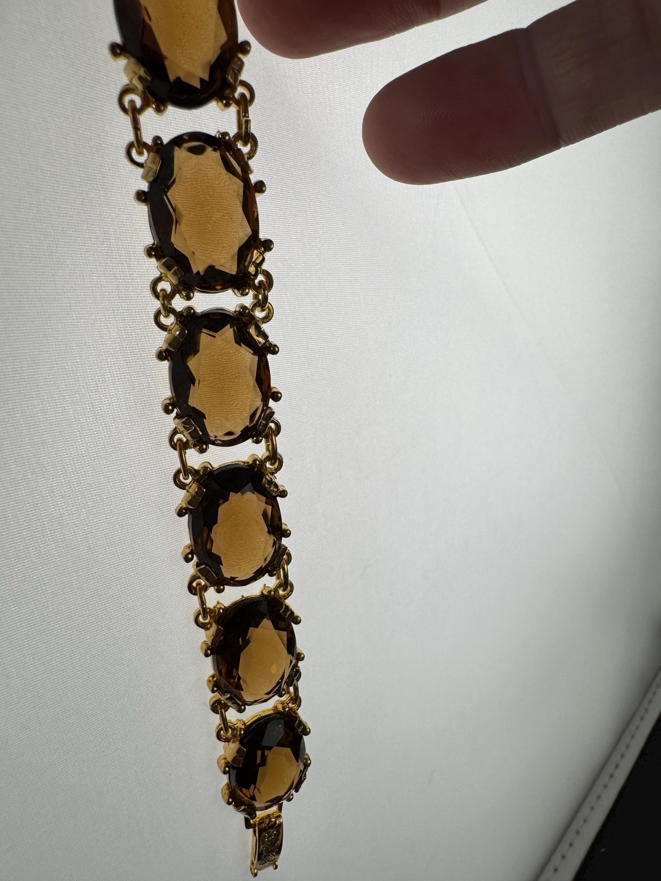vintage topaz brown cognac Glass Gold Tone cocktail bracelet, vintage old shop stock