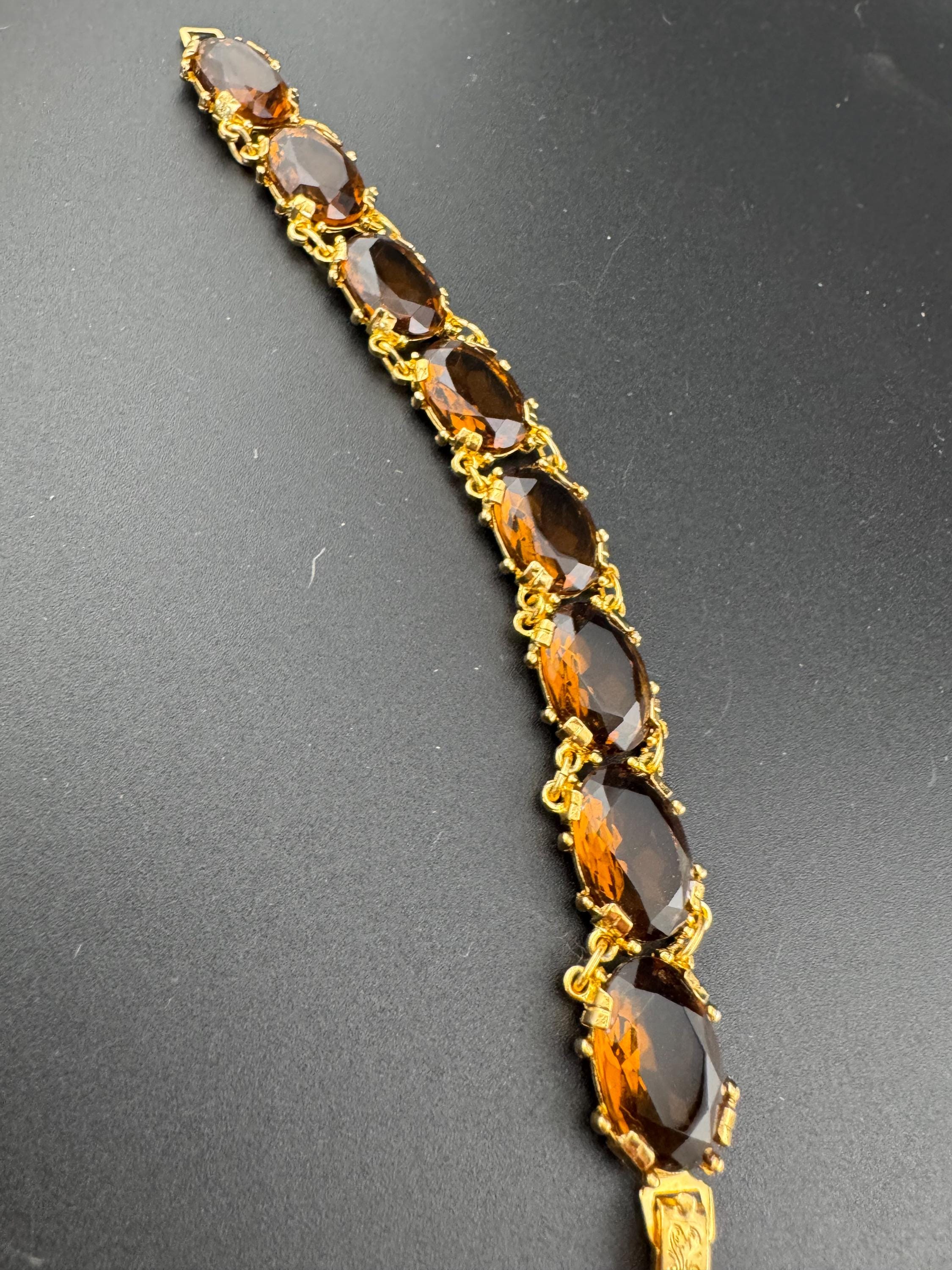 vintage topaz brown cognac Glass Gold Tone cocktail bracelet, vintage old shop stock