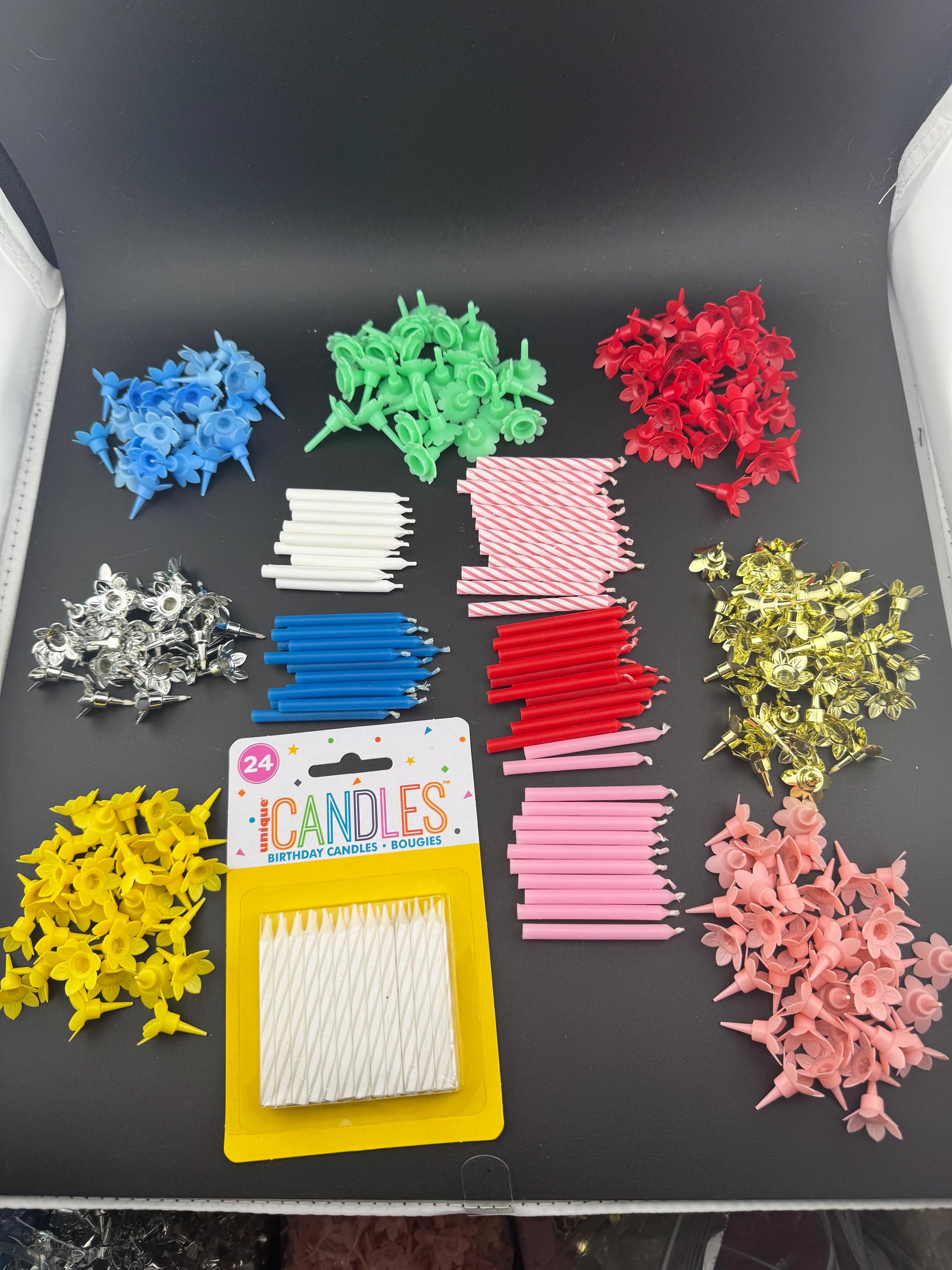 Birthday Cake Candles and Holders: Assorted Colors