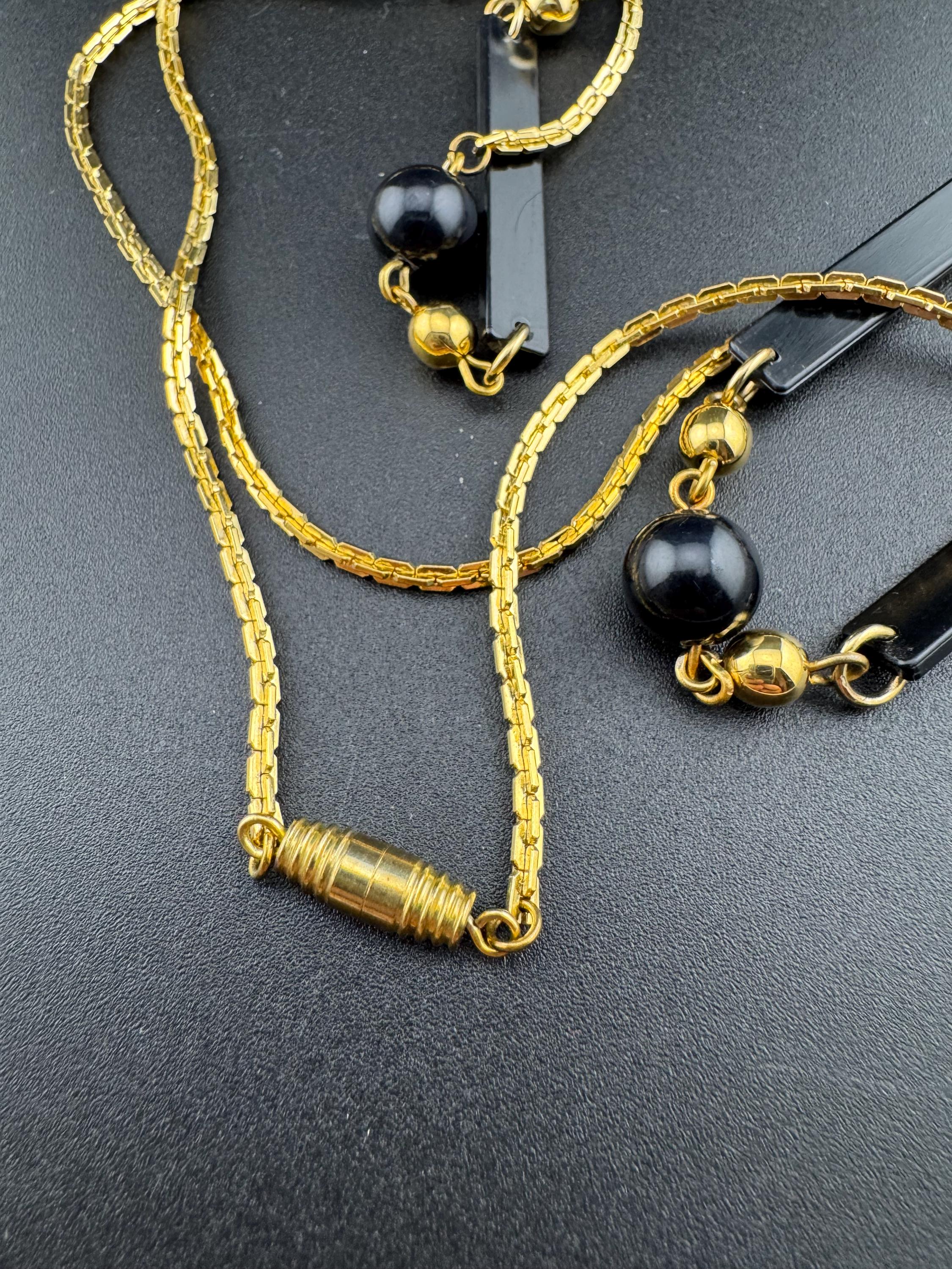 True vintage 105cm long 1980s gold plated chain link black round and bar beaded station necklace old shop stock