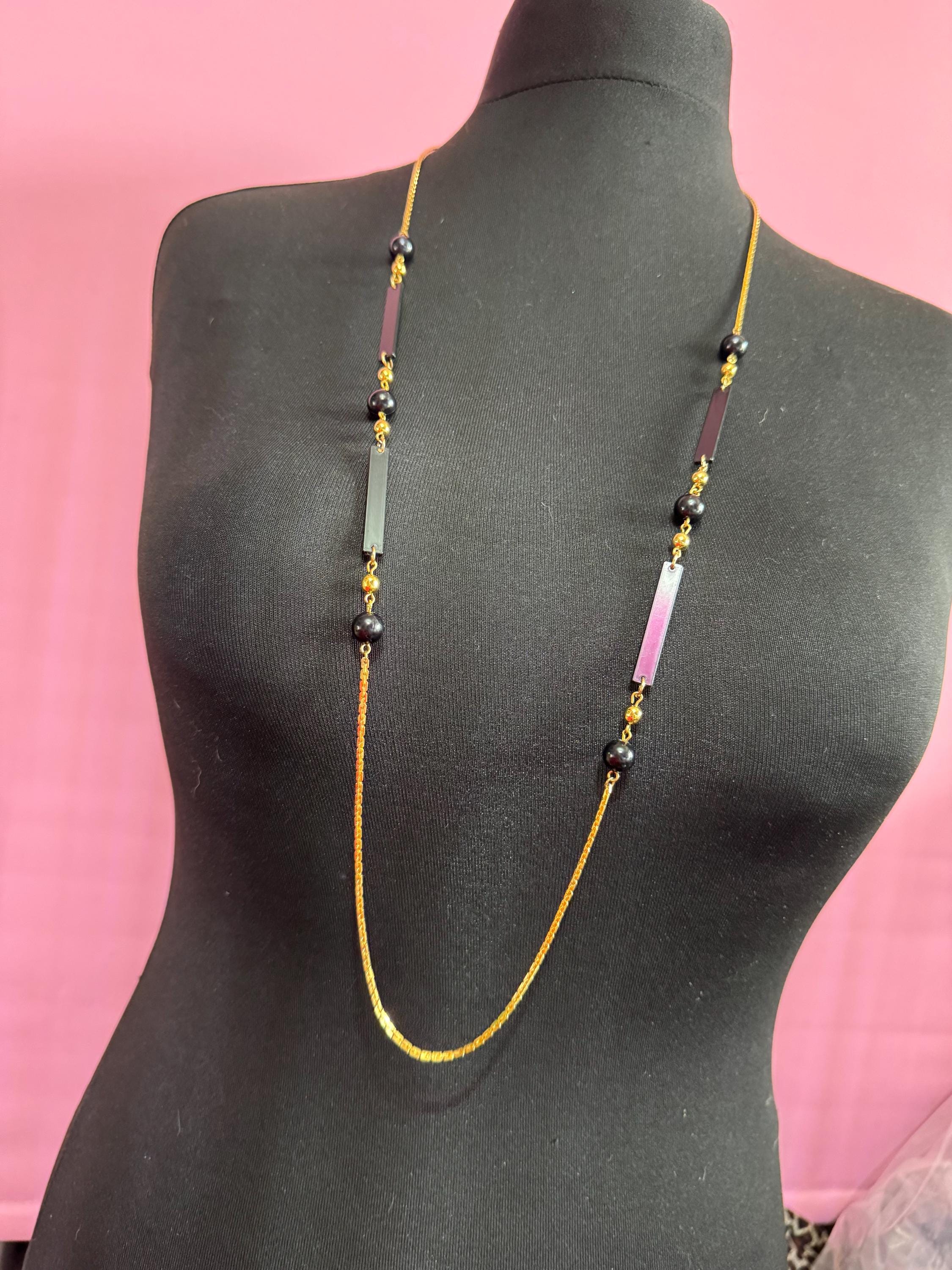 True vintage 105cm long 1980s gold plated chain link black round and bar beaded station necklace old shop stock