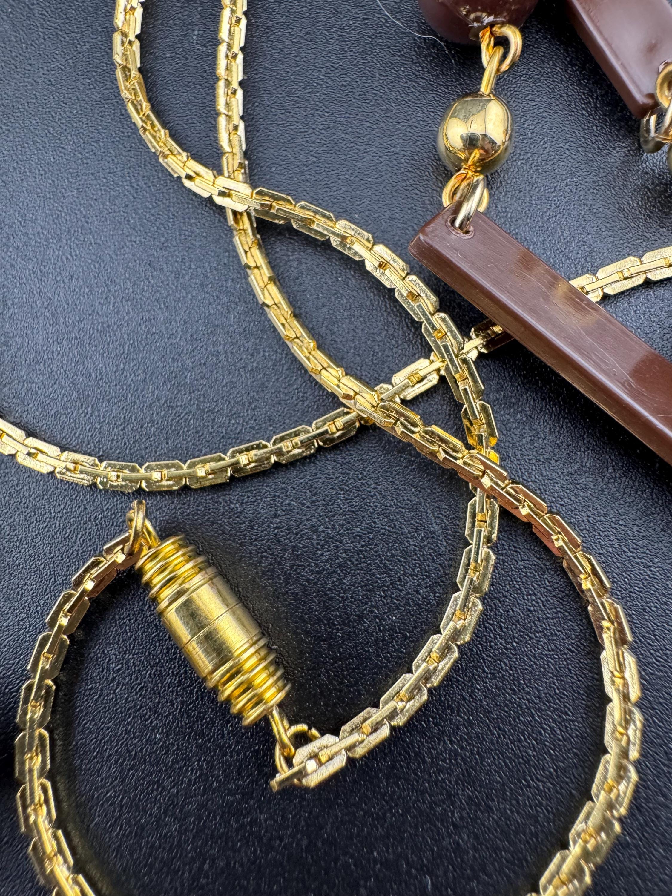 True vintage 105cm long 1980s gold plated chain link brown round and bar beaded station necklace old shop stock