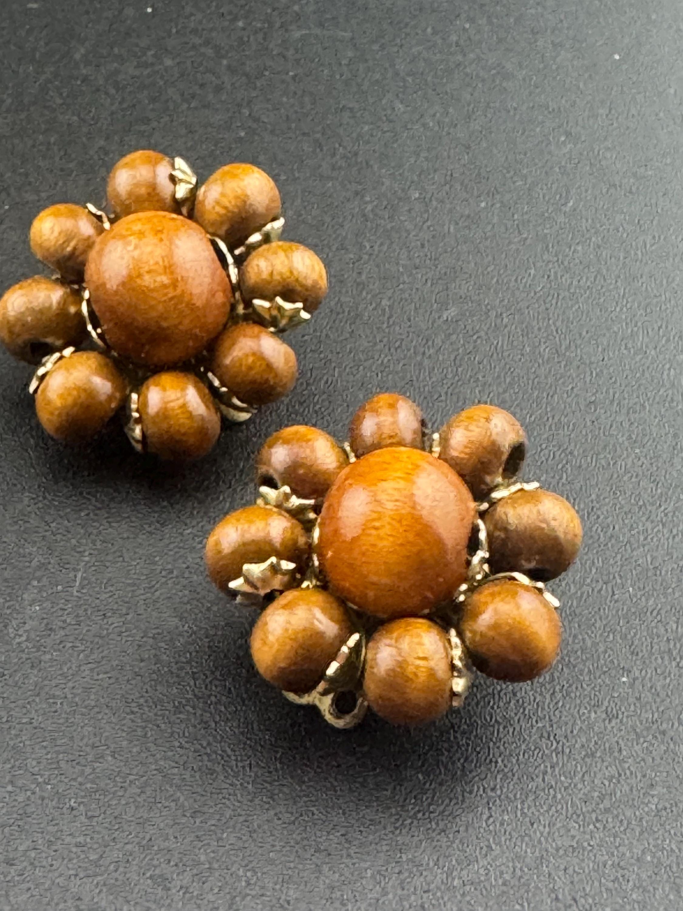Vintage natural wooden round brown beaded cluster earrings