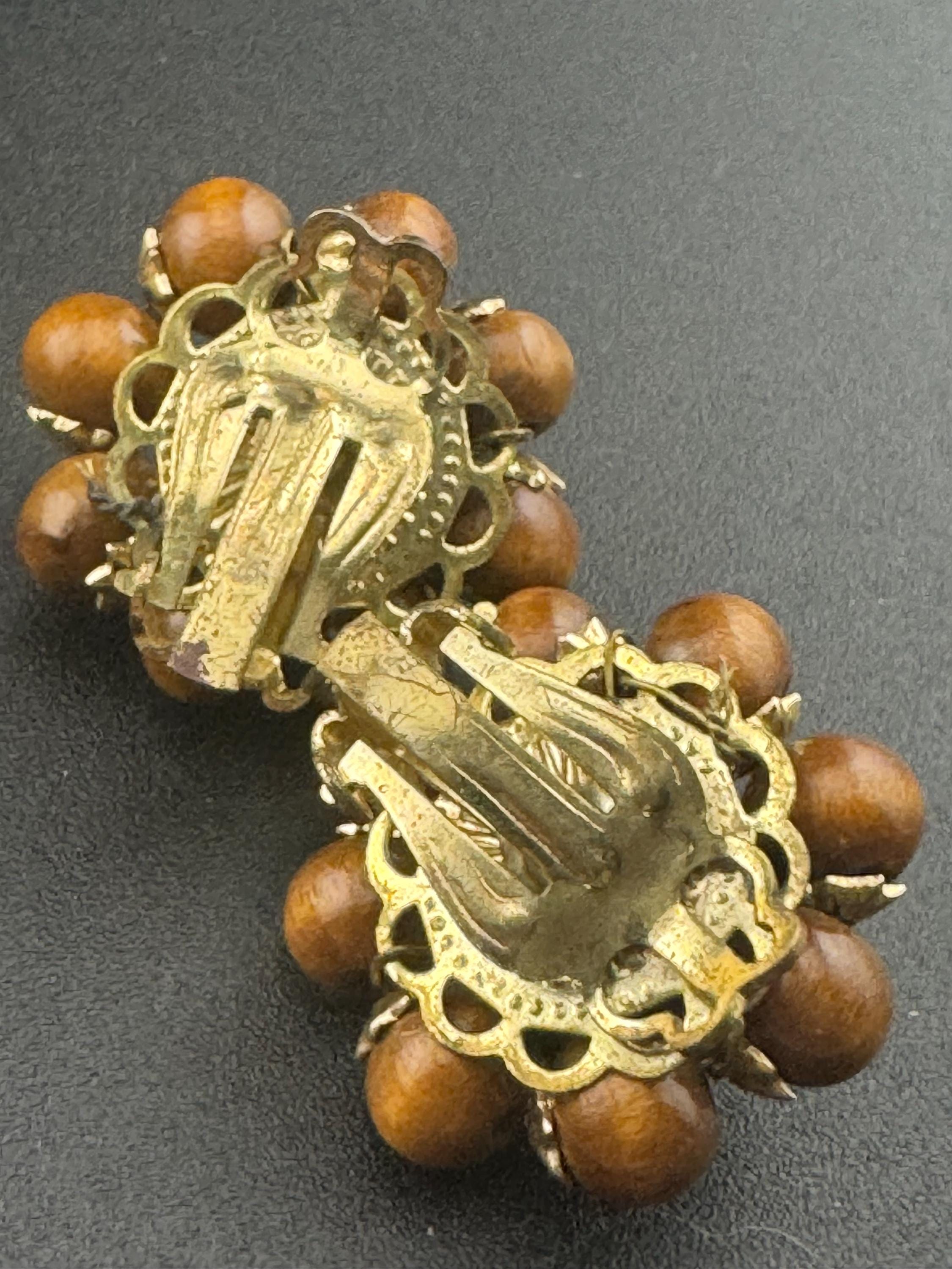Vintage natural wooden round brown beaded cluster earrings