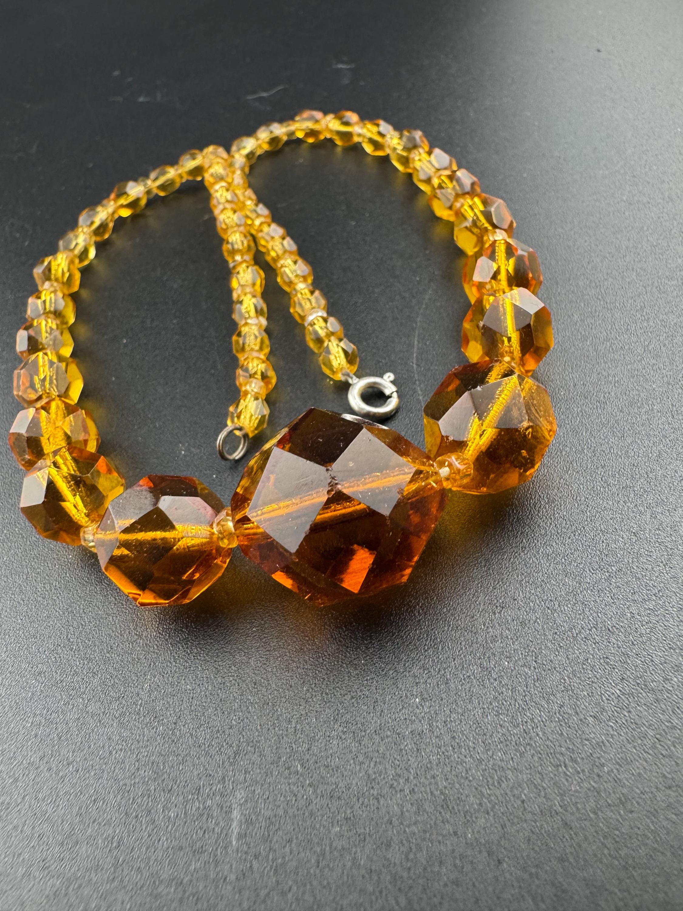 Antique dark amber orange citrine coloured glass faceted crystal Art Deco beaded necklace 1930s