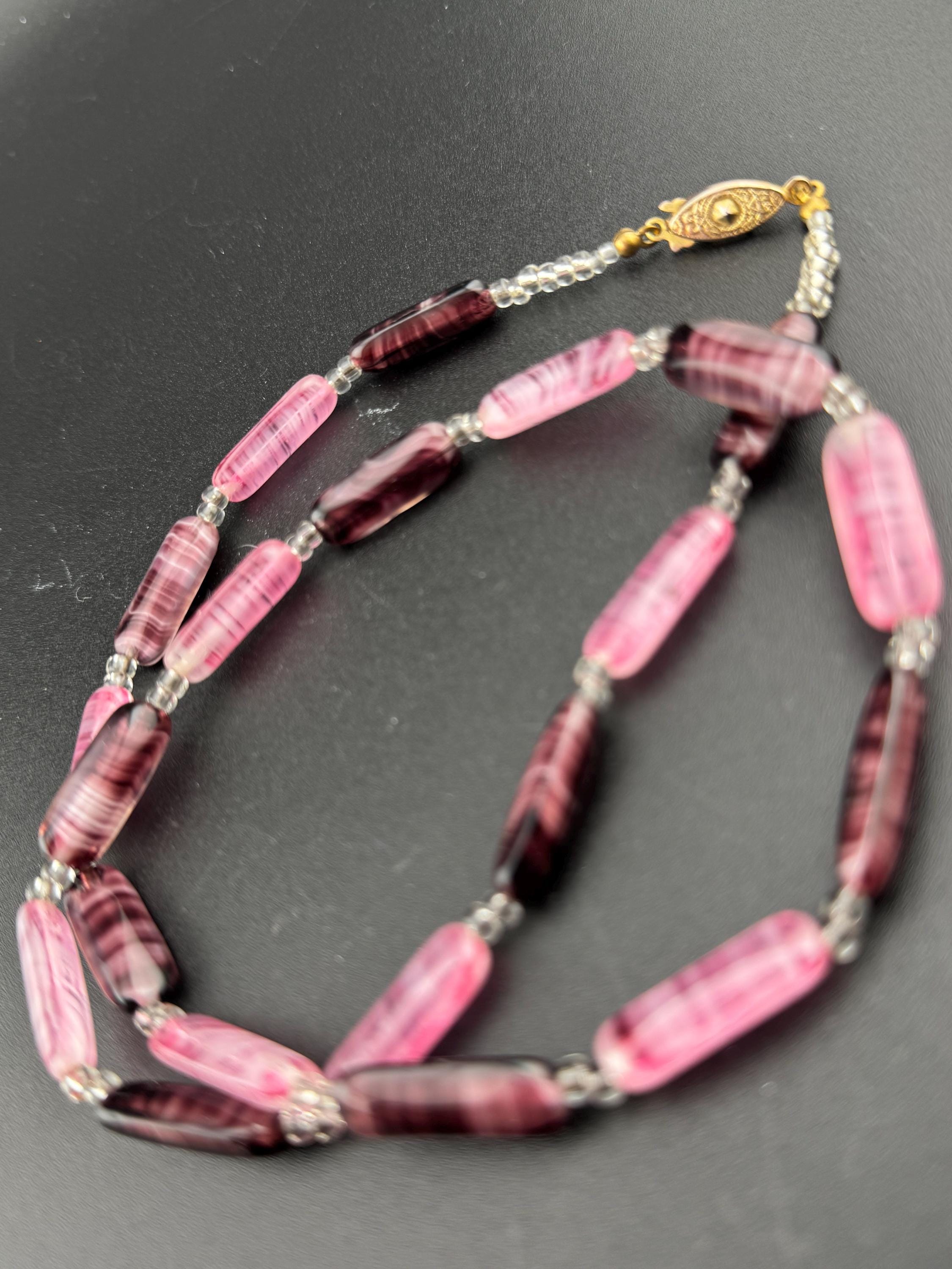 Vintage purple end of day marbled glass long barrel beaded necklace 48cm