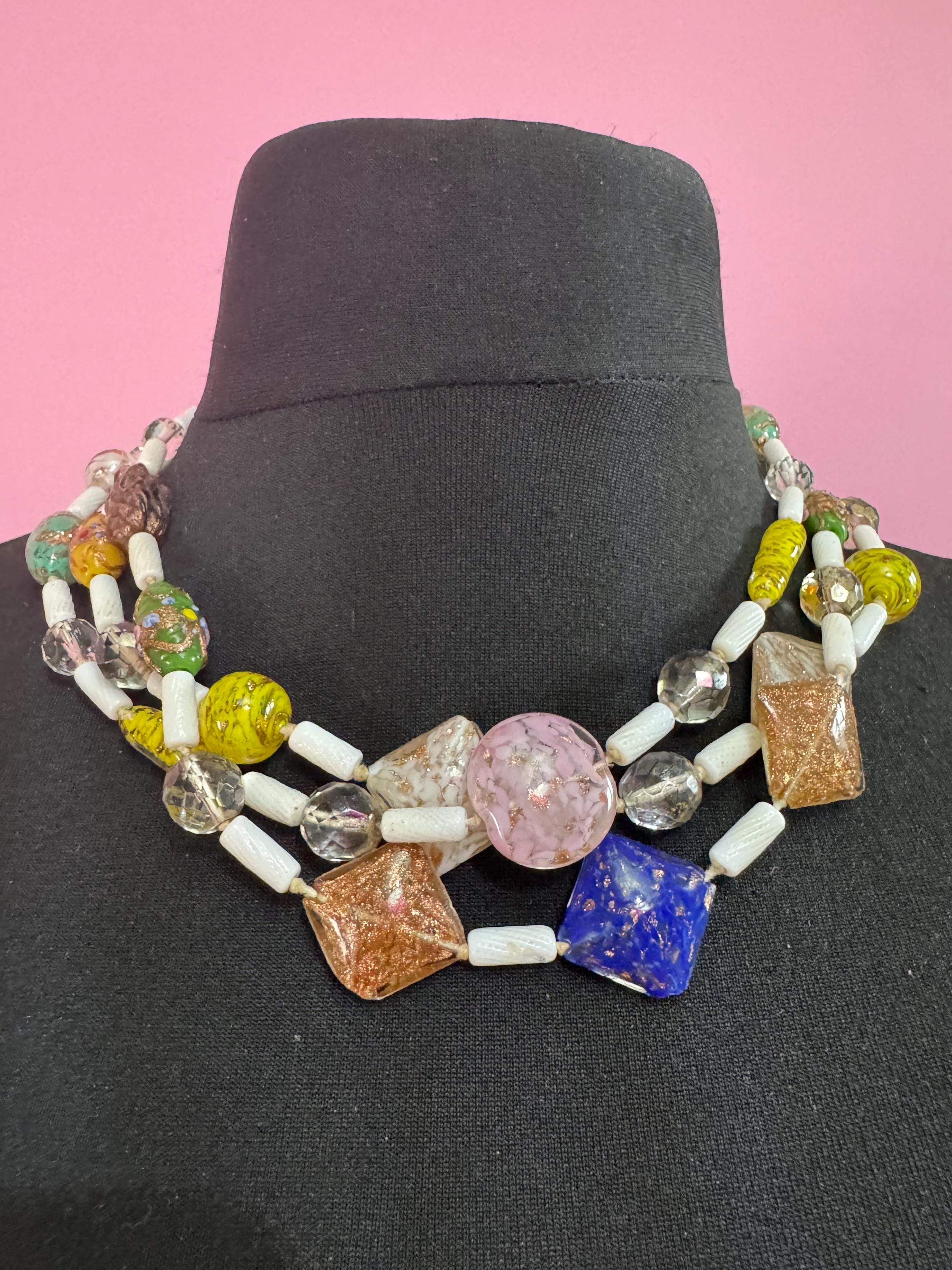 Signed DAG Mid-Century Art Glass Beaded Multistrand Necklace