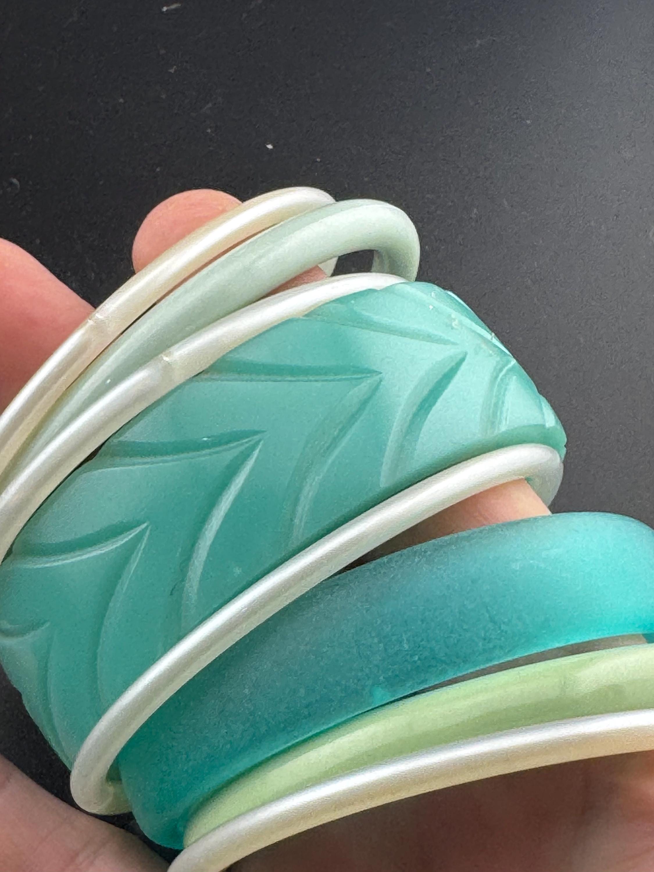 Vintage stack of light blue turquoise sage green tones chunky stylish plastic bangles retro acrylic bracelets