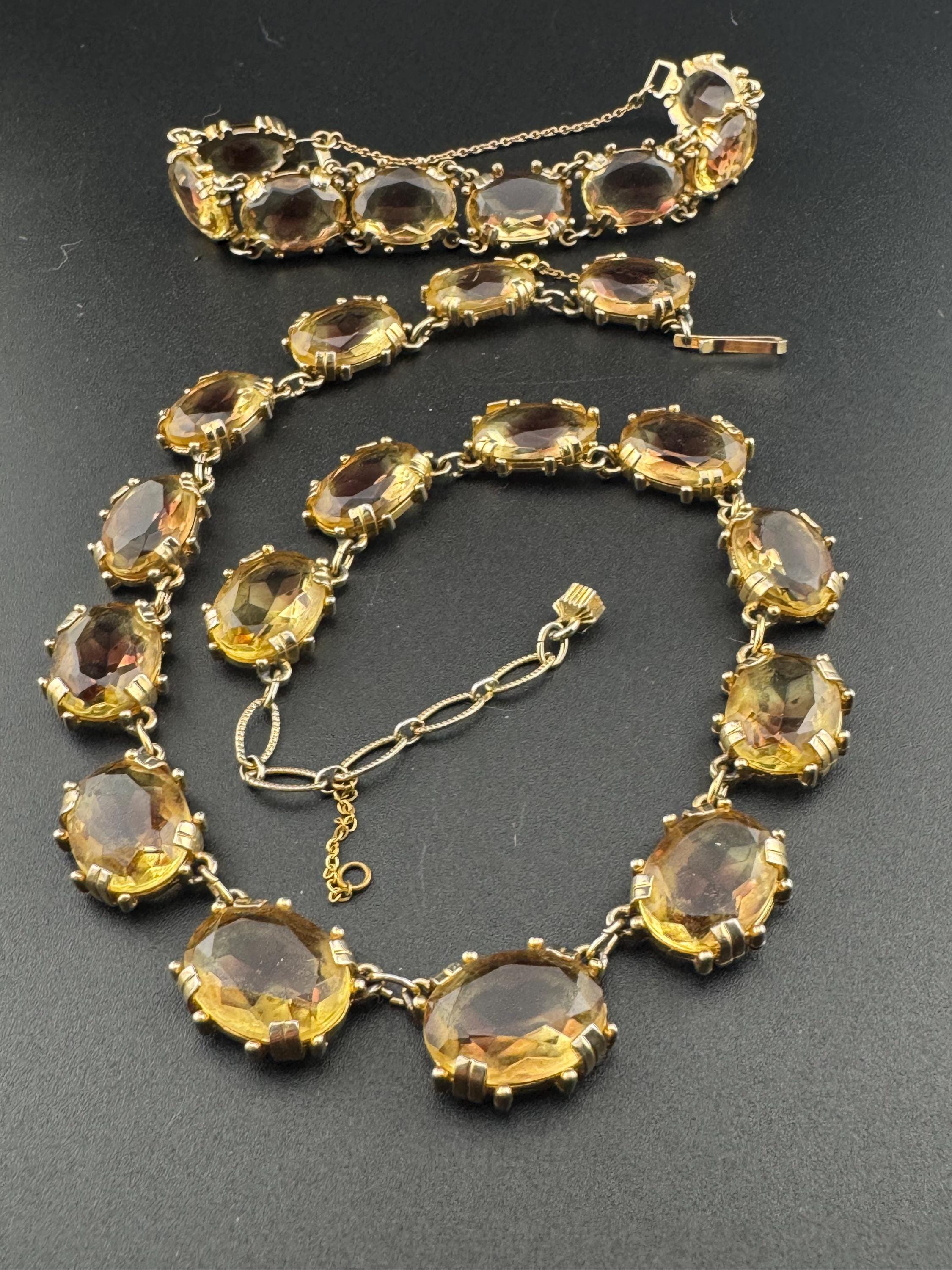 Vintage soft light brown cognac Glass gold tone oval cabochon collar Necklace and matching bracelet 1960s modernist jewellery set