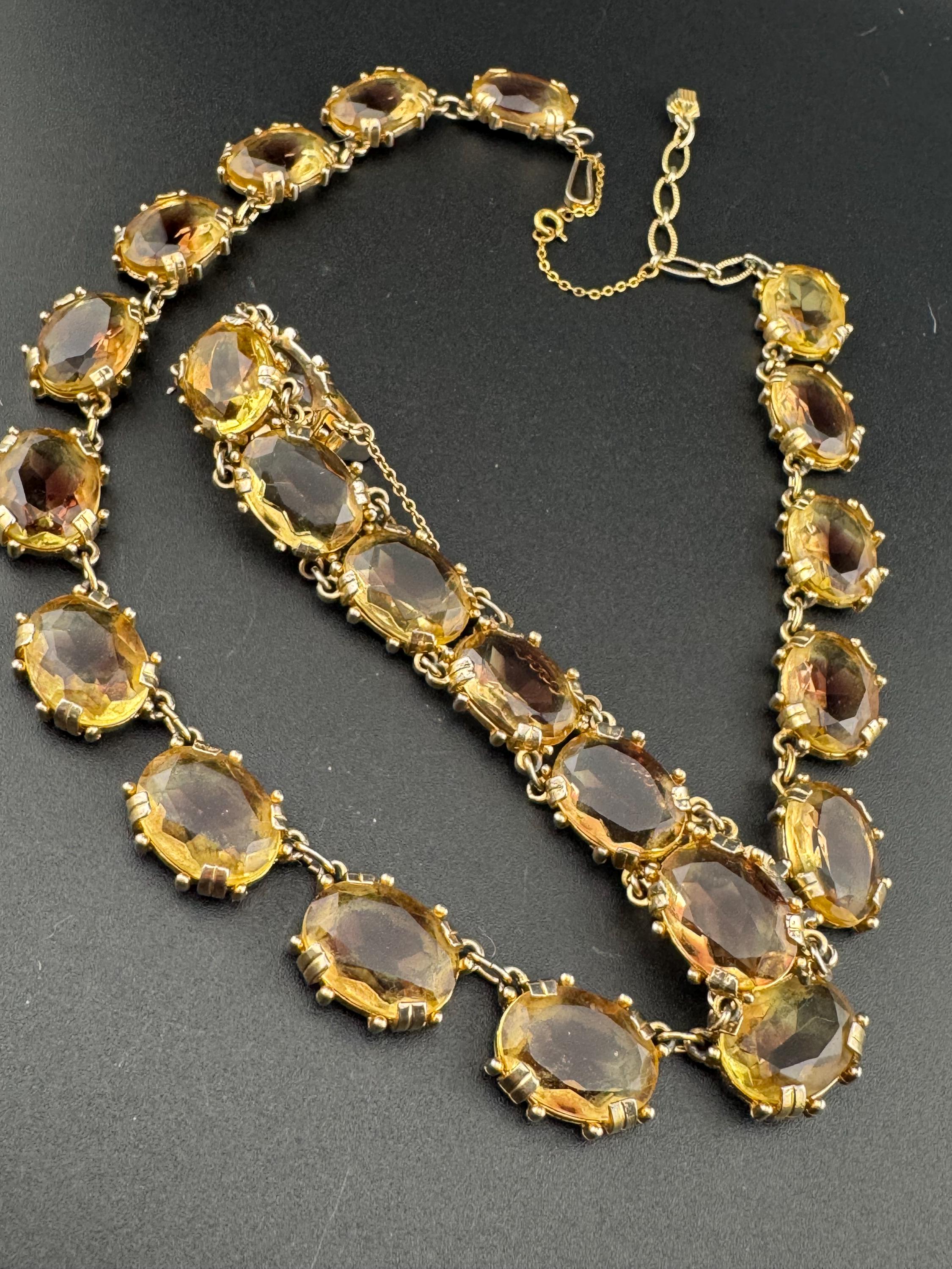 Vintage soft light brown cognac Glass gold tone oval cabochon collar Necklace and matching bracelet 1960s modernist jewellery set