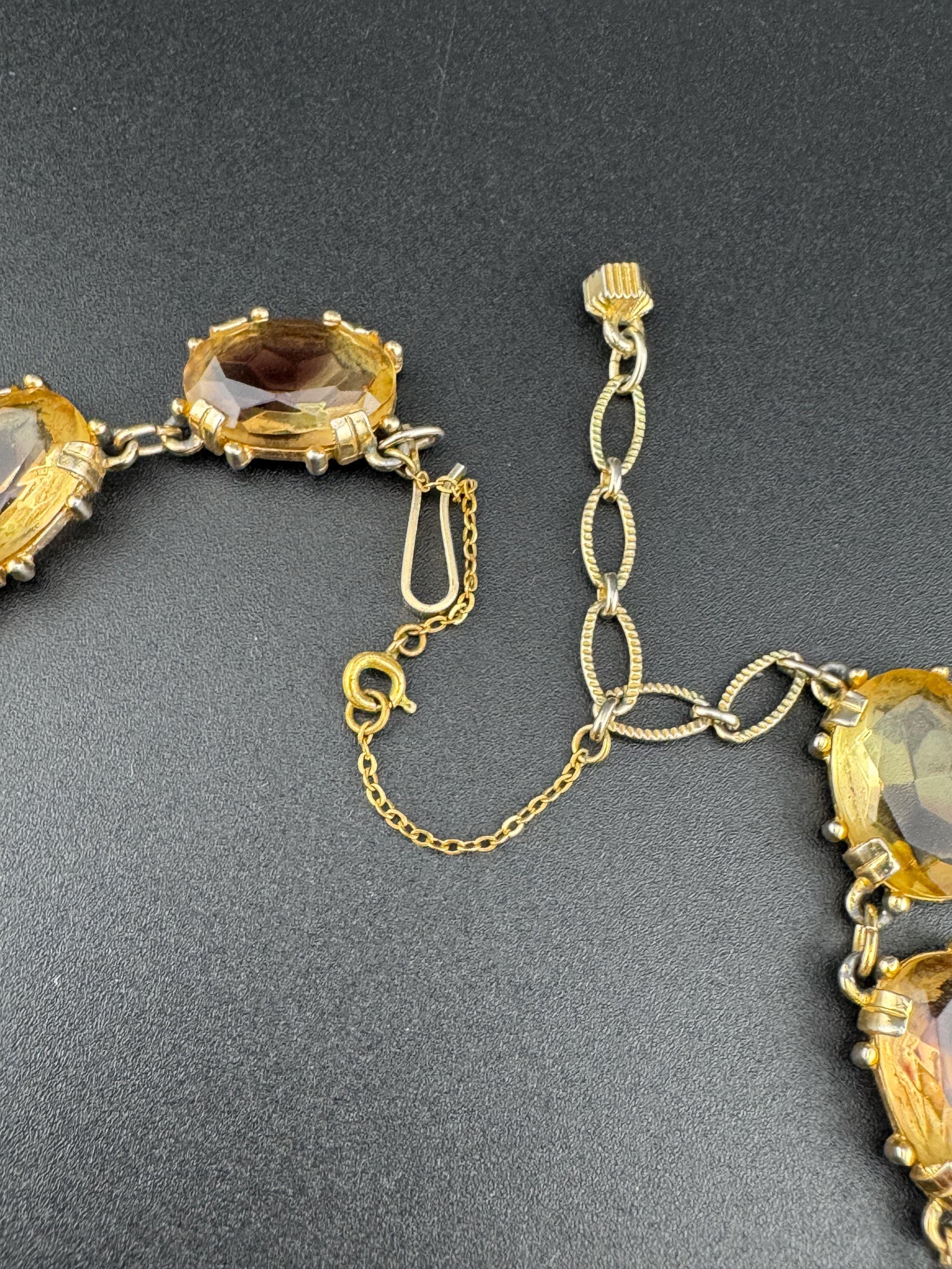 Vintage soft light brown cognac Glass gold tone oval cabochon collar Necklace and matching bracelet 1960s modernist jewellery set