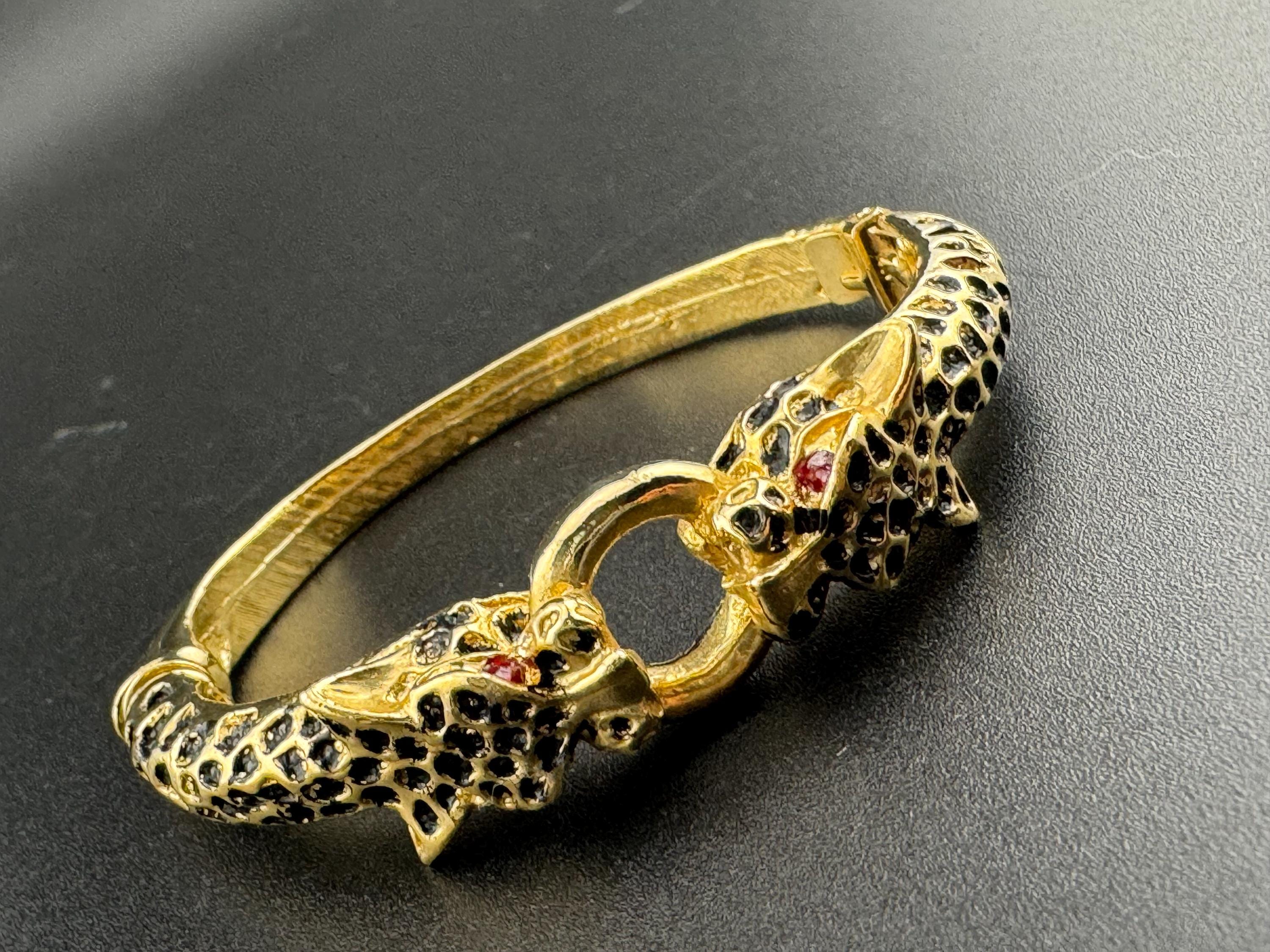 Vintage 80s Gold Tone Panther Bangle: Rhinestone Crystal Clamper Bracelet