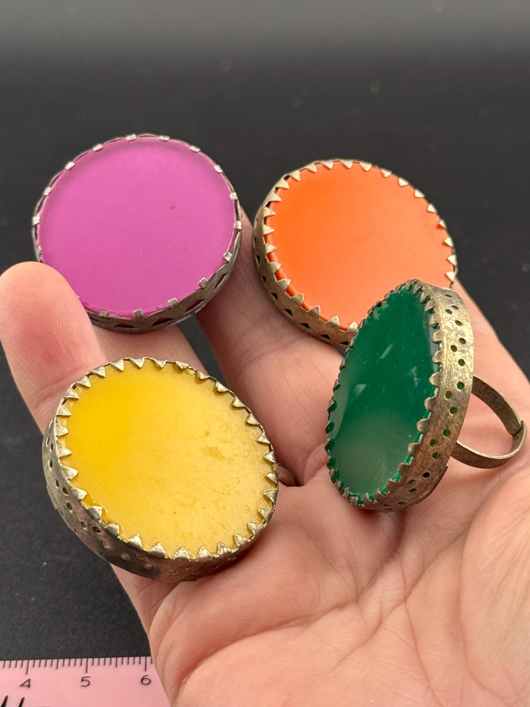 Orange Plastic Disc Ring: Silver Tone Adjustable Statement Ring