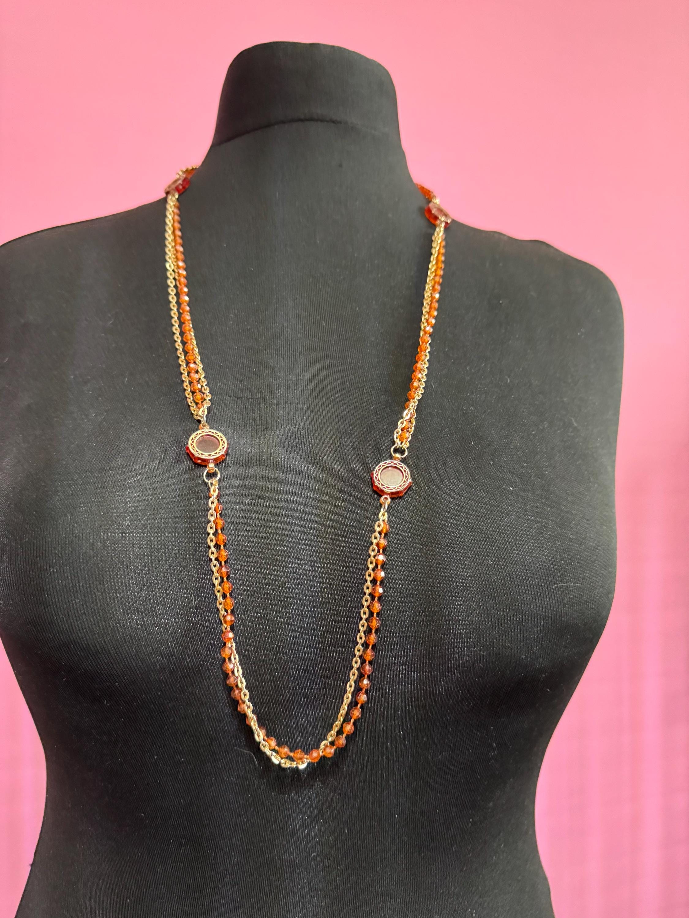Vintage 1960s Gold Tone Necklace: Orange Plastic Disc Beads, 92cm