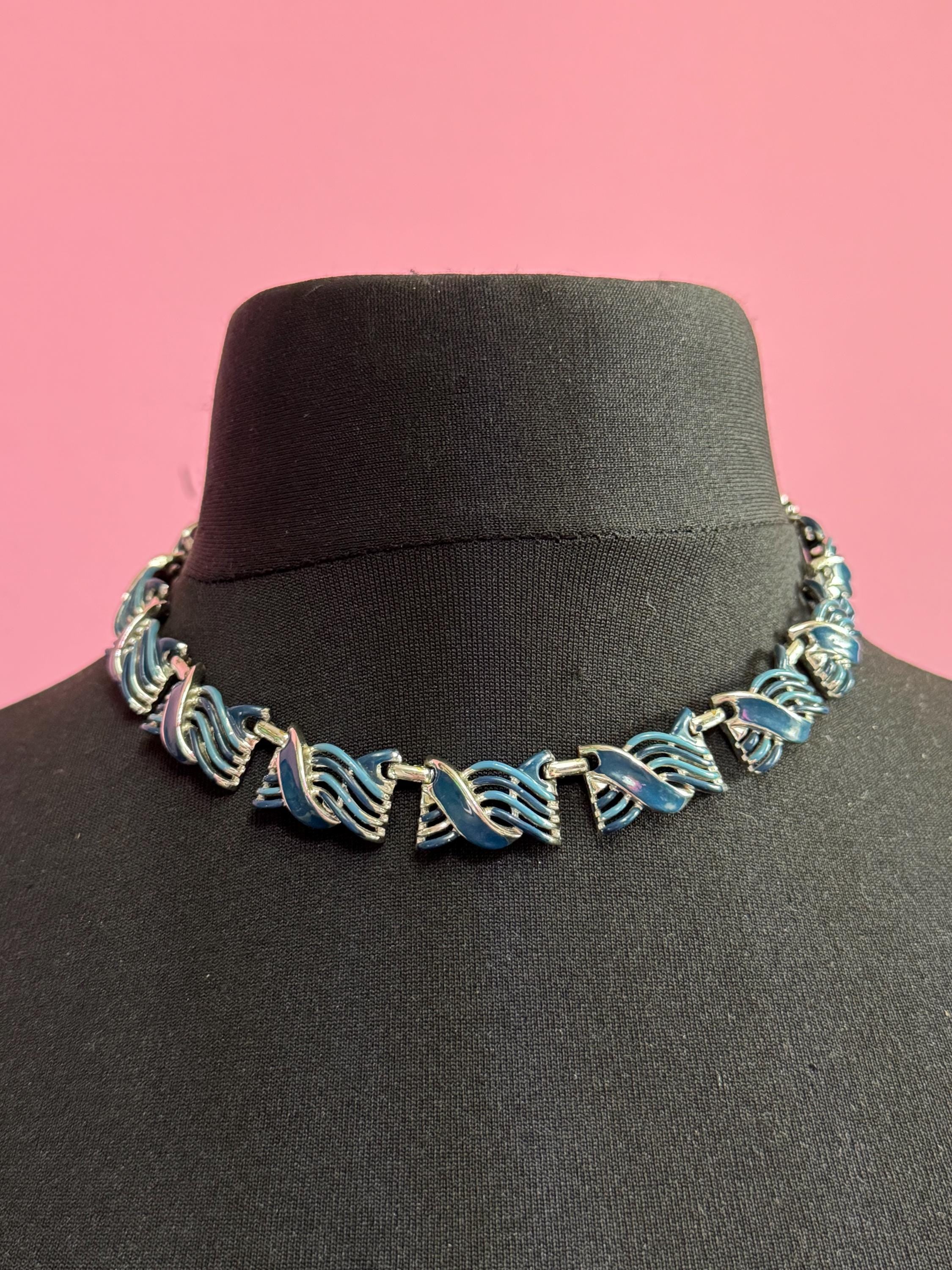 Dark blue enamel vintage panel link textured abstract Necklace silver tone