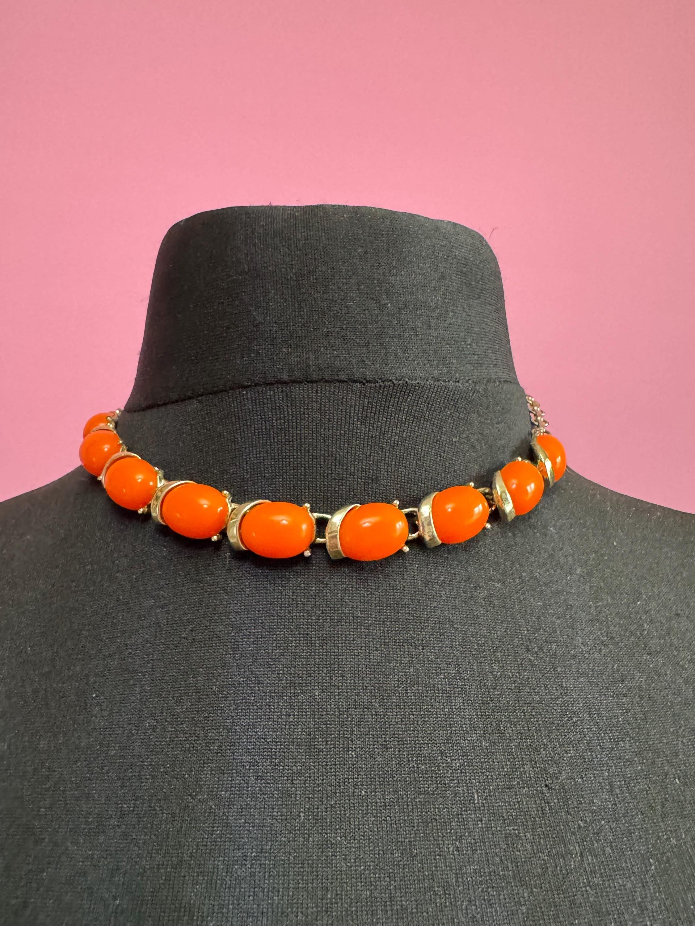 Vintage Orange plastic Cabochon panel link Gold Tone choker necklace 43cm mid century