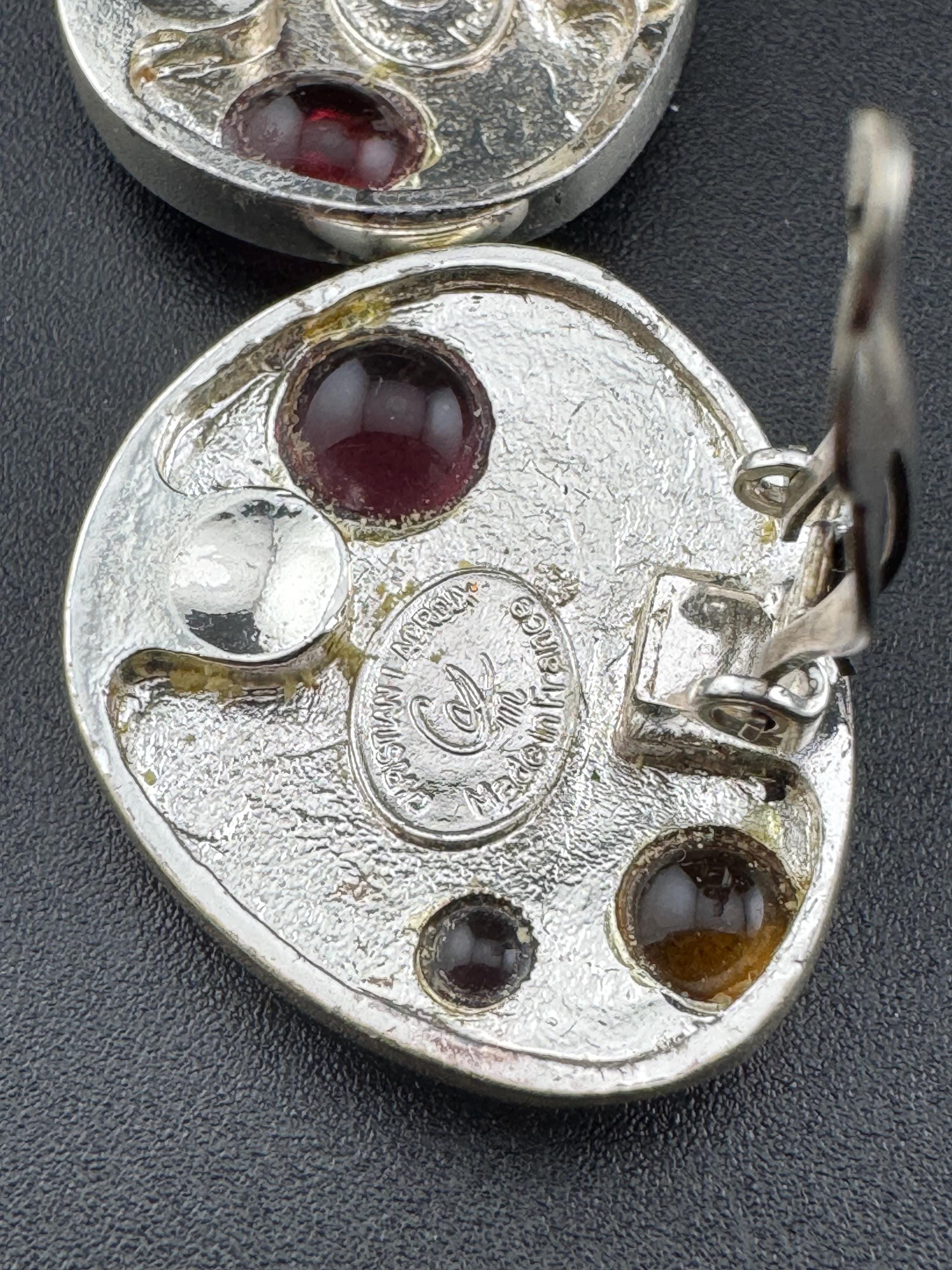 Signed Christian LaCroix Vintage silver tone red amber orange gripoix poured glass clip on earrings