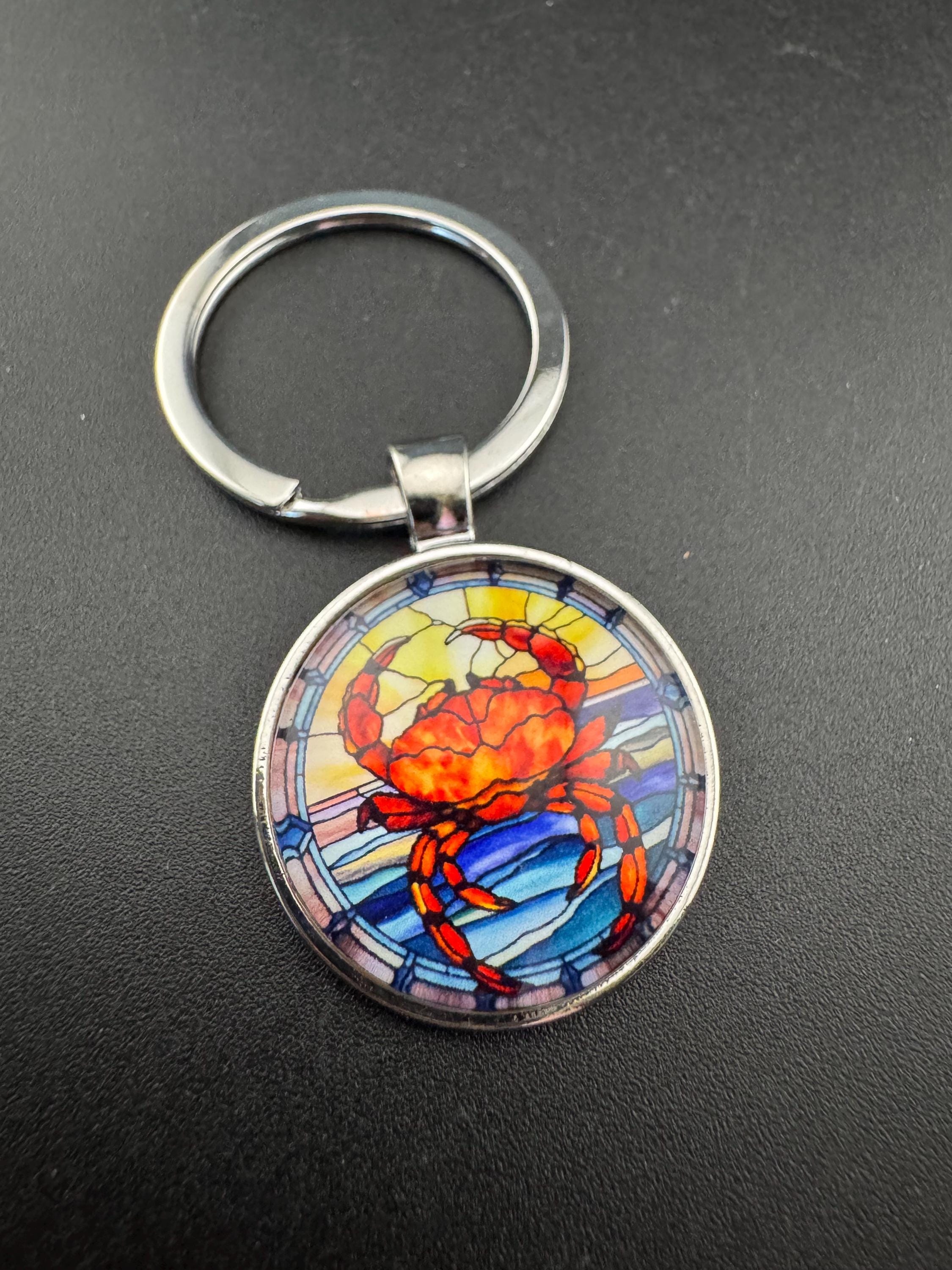 Summer nautical CRAB silver keyring, blue and orange seascape in a glass cabochon