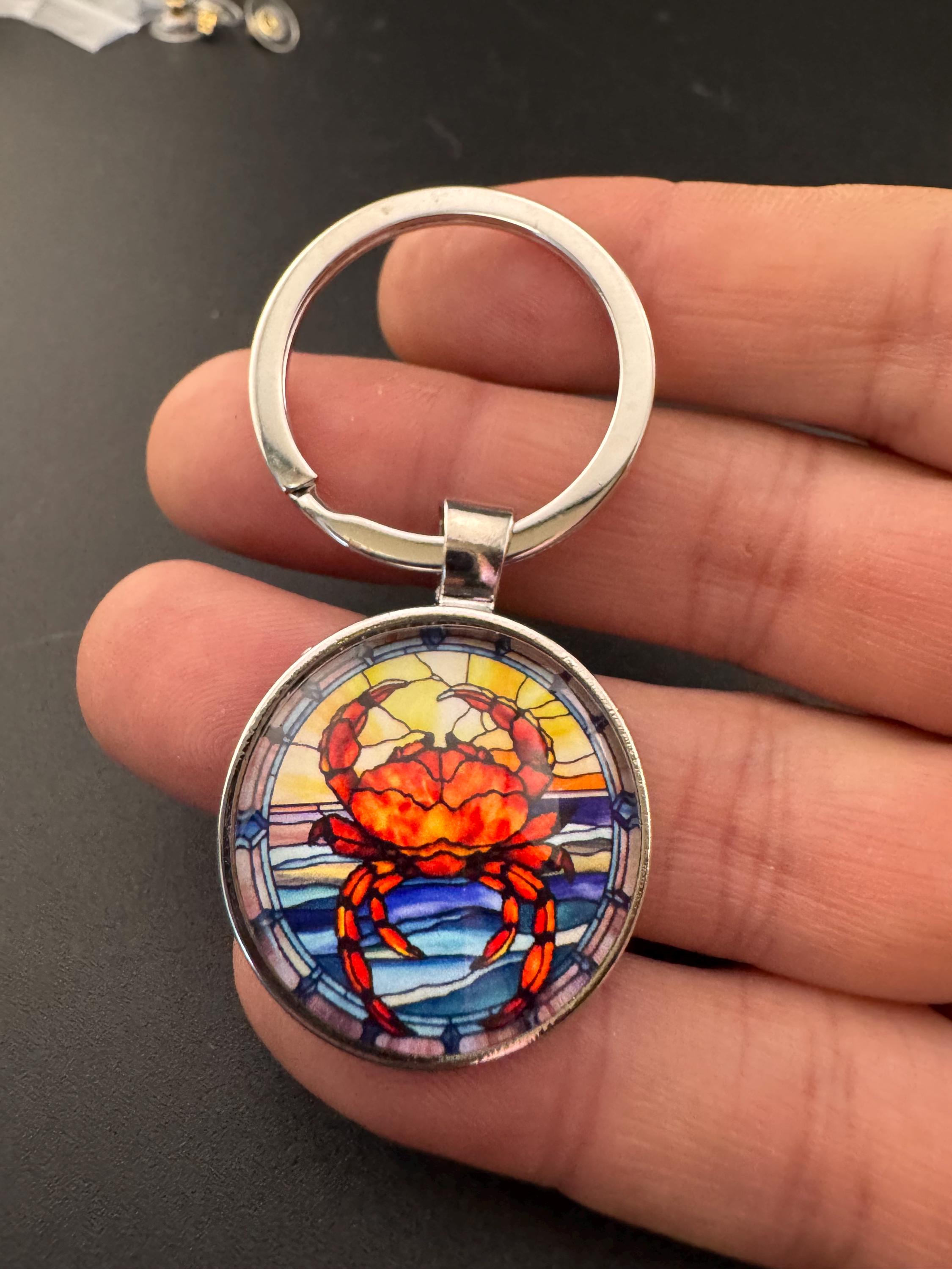 Summer nautical CRAB silver keyring, blue and orange seascape in a glass cabochon